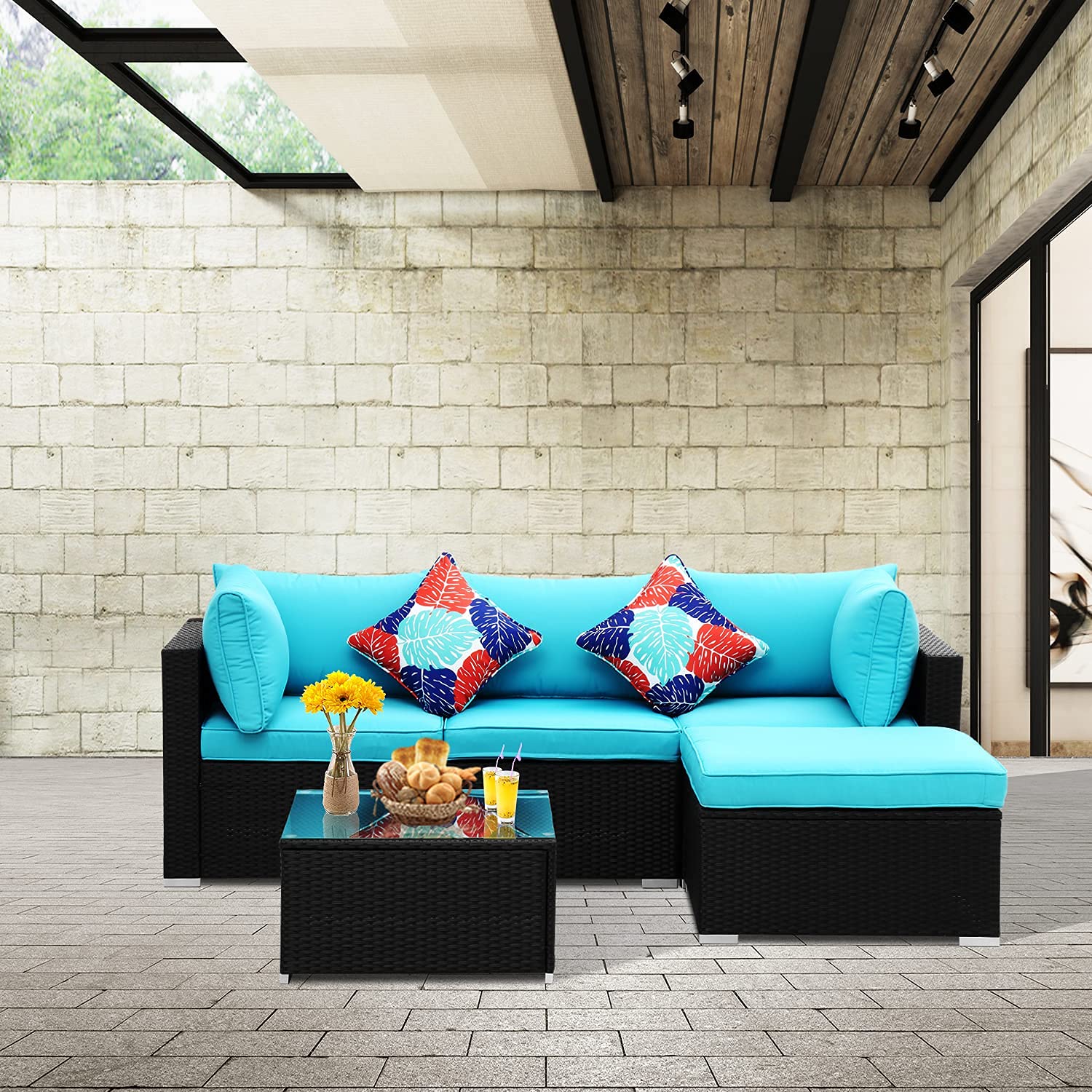 **Wonlink 5-Piece Outdoor Patio Furniture Set - Lake Blue Wicker Rattan Sectional Sofa with Ottoman, Glass Coffee Table & Cushions - Perfect for Garden, Lawn, Poolside & Backyard Relaxation**