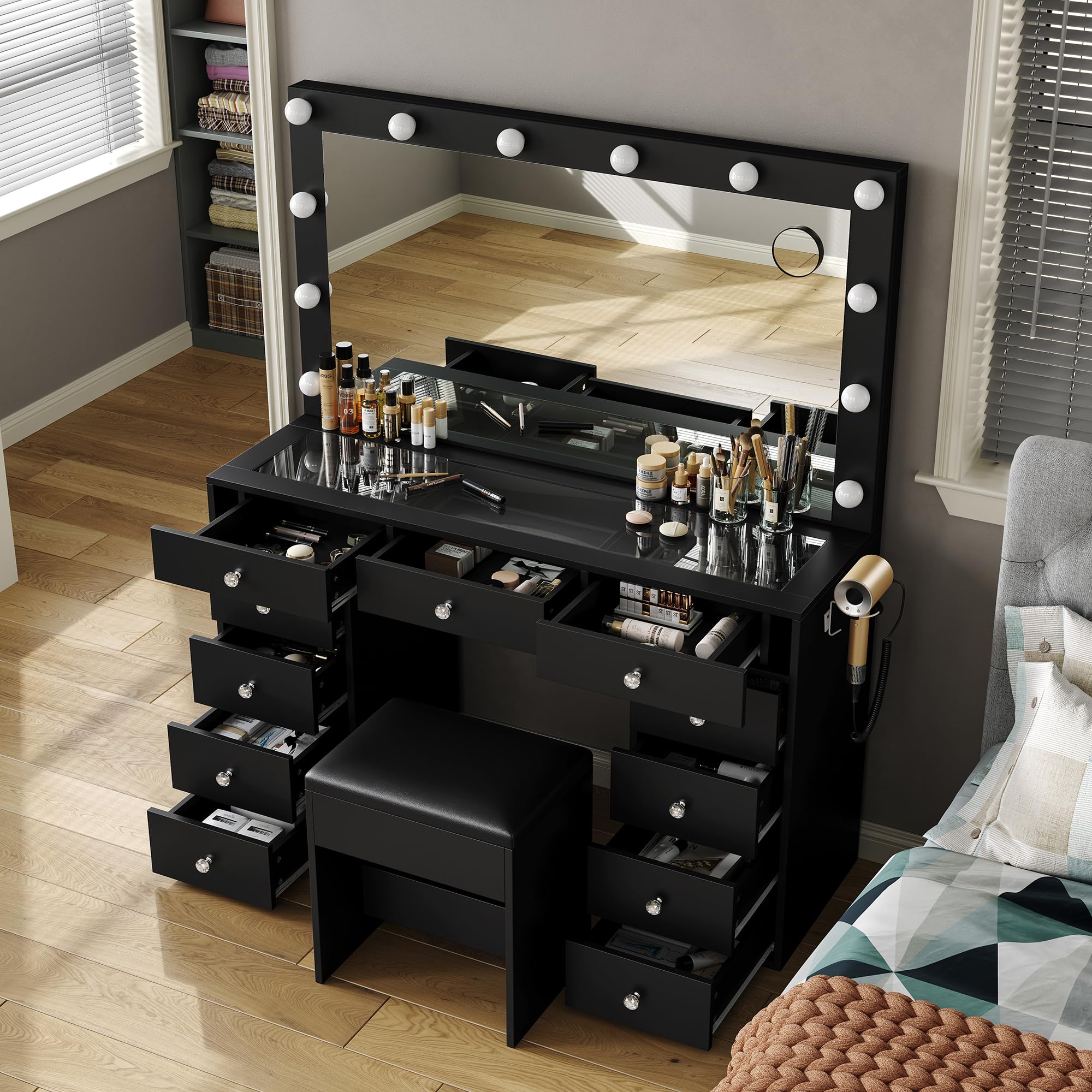 Vanity Desk with Power Outlet & 12 LED Lights - Makeup Vanity Table with Mirror, 3 Lighting Modes, 11 Drawers & Chair - Glass Top Dressing Table for Bedroom, Dressing Room (Black) | Perfect for Makeup Application, Skincare Routine & Home Salon Setup