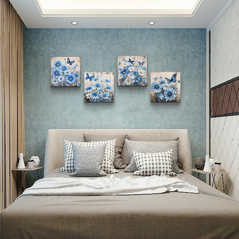 Abstract Blue Flowers Canvas Wall Art Set of 4 - Modern Paintings for Bedroom, Living Room, Office & Kitchen Decor - Perfect for Home, Dorm & Workspace Wall Decorations