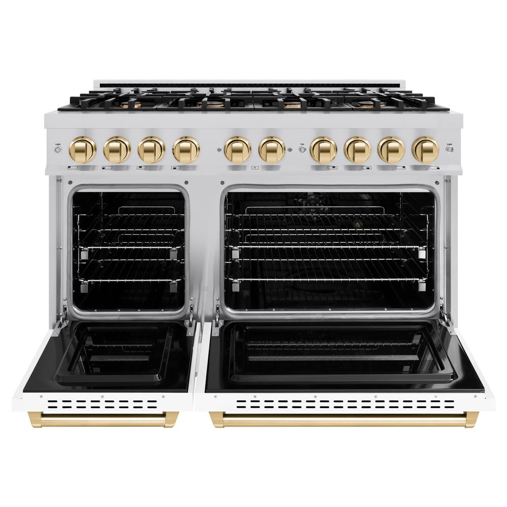 ZLINE Autograph Edition 48-inch 6.7 cu. ft. Classic Double Oven Dual Fuel Range with 8-Burner Gas Cooktop - Stainless Steel with White Matte Doors & Polished Gold Accents (CDRZ WM 48 G) - Perfect for Professional Kitchens & Luxury Home Cooking