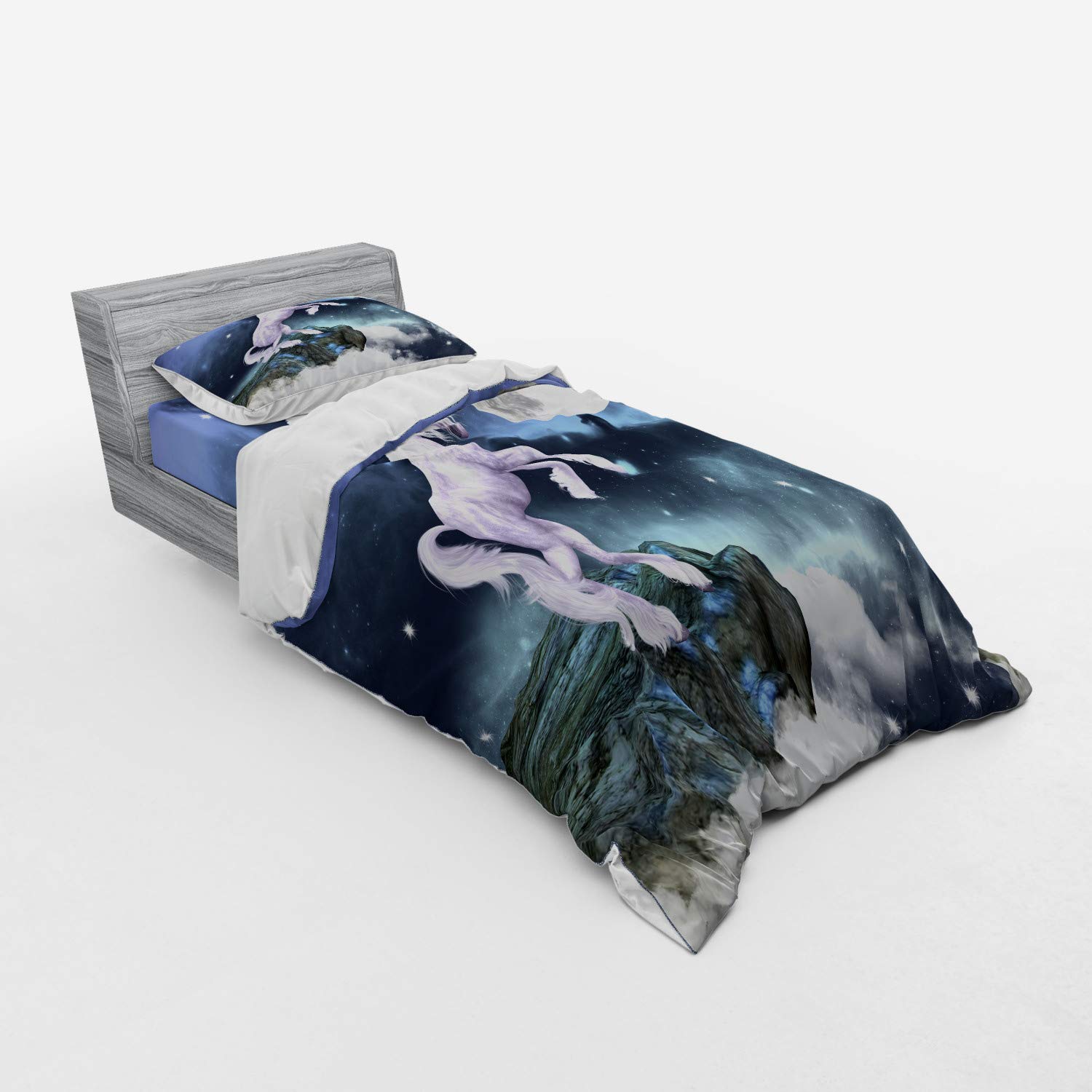 Ambesonne Unicorn Fantasy Bedding Set - 3 Piece Duvet Cover with Sham & Fitted Sheet, Twin XL Size, Lilac Blue - Mythical Creature Cliffside Moonlight Design - Perfect for Kids' Rooms, Teen Bedrooms & Fantasy Themed Decor