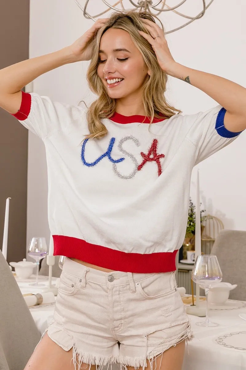 BiBi USA Women's Metallic Letter Color Block Knit Top - Trendy Casual Pullover for Streetwear & Everyday Fashion