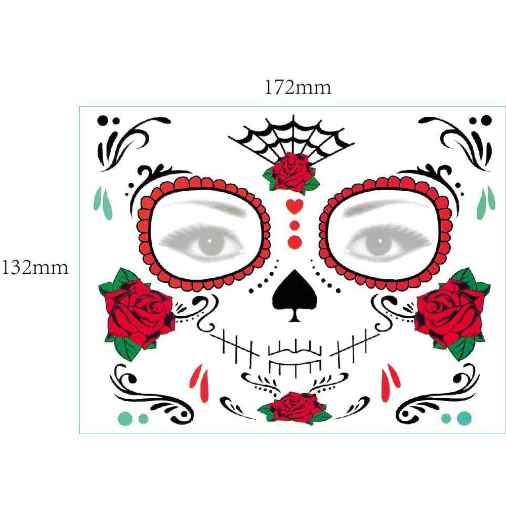 6 Pack Floral Day of the Dead Sugar Skull Temporary Tattoos - Halloween Face Makeup Stickers for Costume Parties, Dia de los Muertos Celebrations & Festival Body Art