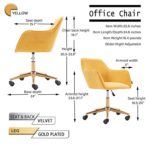 Yoluckea Modern Velvet Home Office Chair - Adjustable Swivel Desk Chair with Ergonomic Support for Women & Teens, Soft Upholstered Task Chair for Living Room, Bedroom or Vanity (Yellow) - Perfect for Remote Work, Online Classes & Home Office Setup