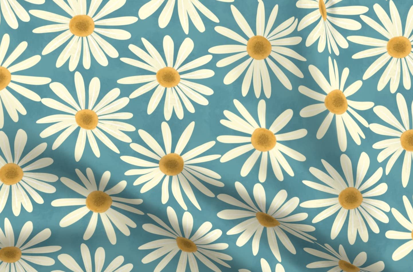 Spring Daisy Cream Blue Yellow Modern Floral Print Denim Fabric by The Yard - Botanical Garden Ivory Pattern for Apparel, Home Decor & Upholstery | Perfect for DIY Dresses, Curtains & Throw Pillows