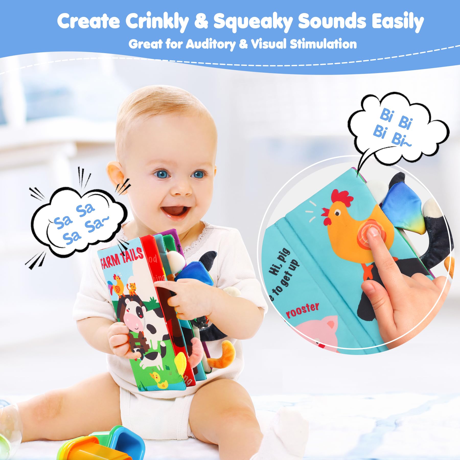 **Beiens Baby Cloth Books - Touch & Feel Crinkle Sensory Toys for Infants & Toddlers | Early Learning Interactive Books for Boys & Girls | Farm Tails Animal Theme | Perfect for Stroller, Car & Playtime**