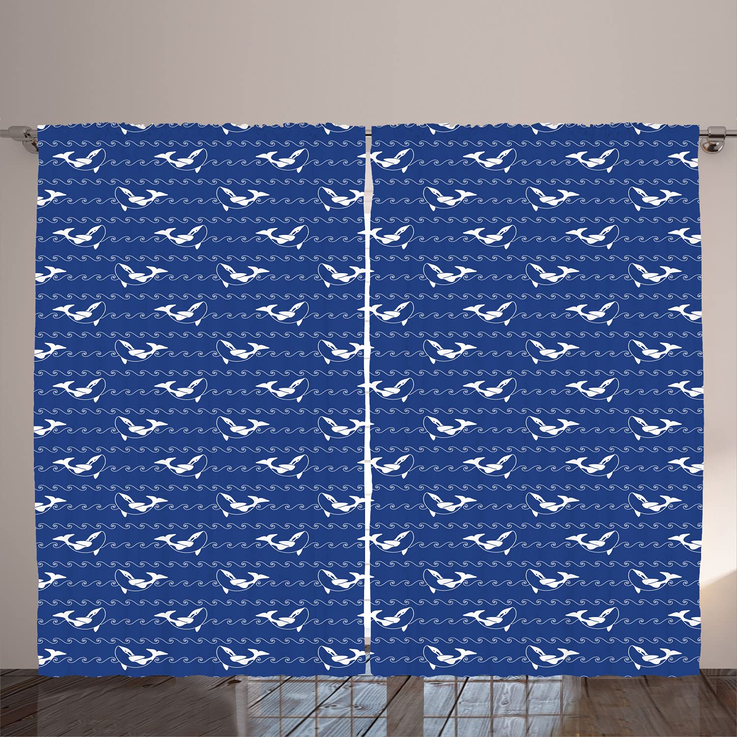 Ambesonne Ocean Theme Curtains - Whales & Nautical Waves Marine Pattern, 2 Panel Window Drapes for Living Room & Bedroom, 108