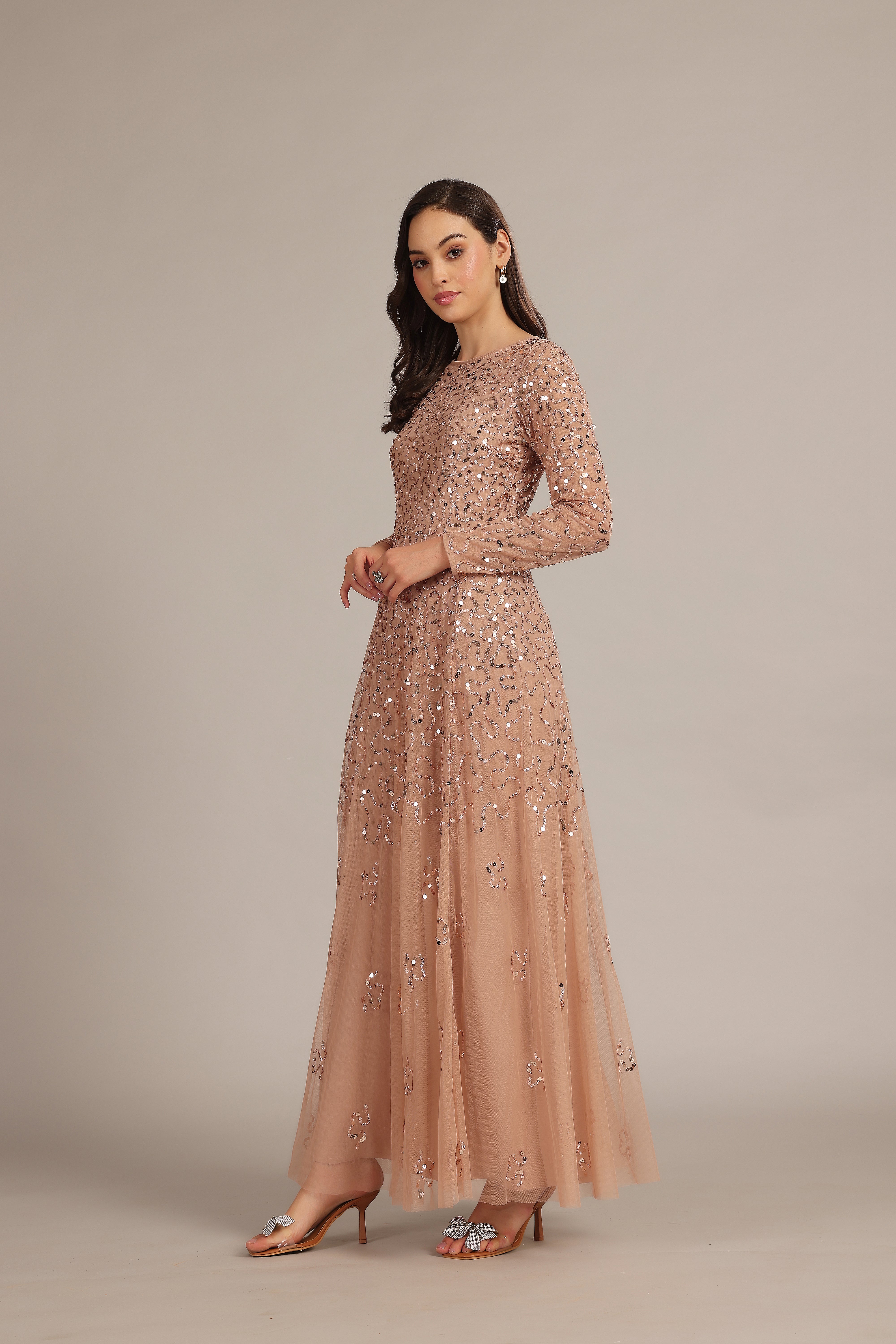 Elegant Sylvia Maxi Dress in Mink - Flowy Long Women's Dress for Casual Wear, Parties & Special Occasions
