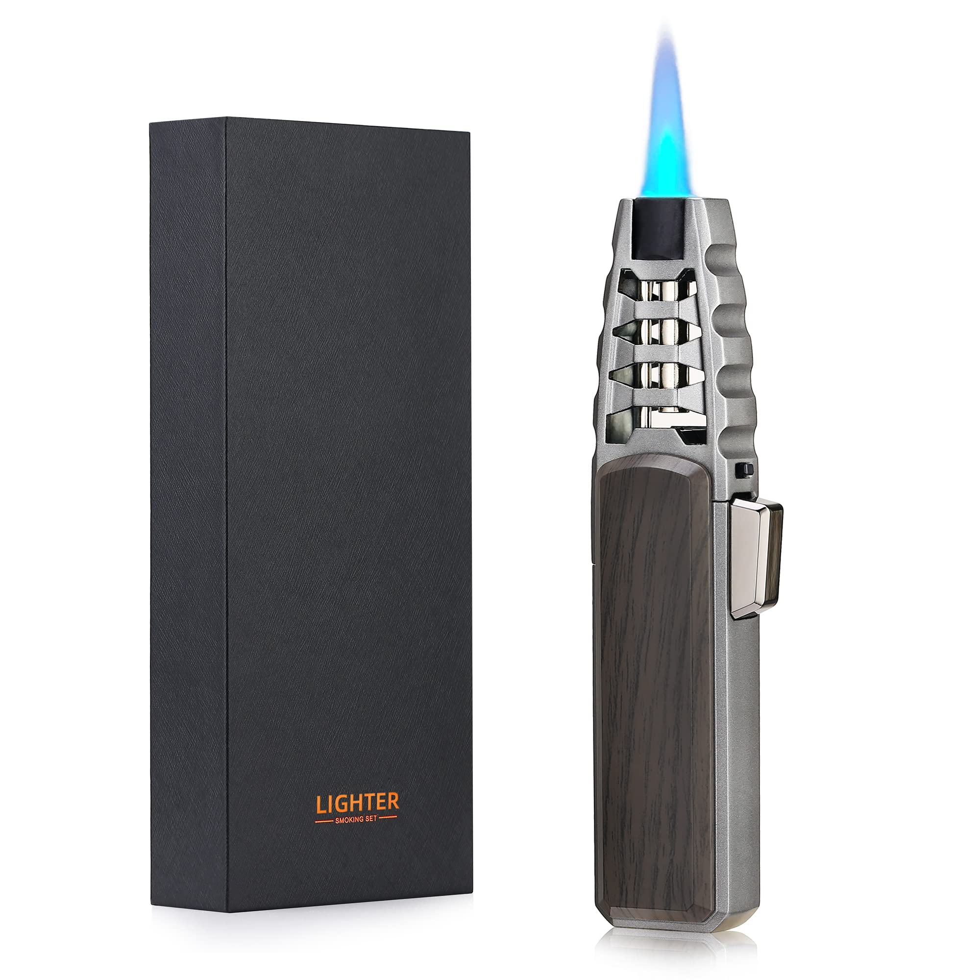 Jet Torch Butane Lighter - Refillable Windproof Lighter with Solar Beam Torch Flame for Candle Lighting, Camping, BBQ & Kitchen Use - Gift Box Included (Butane Not Included) - Brown