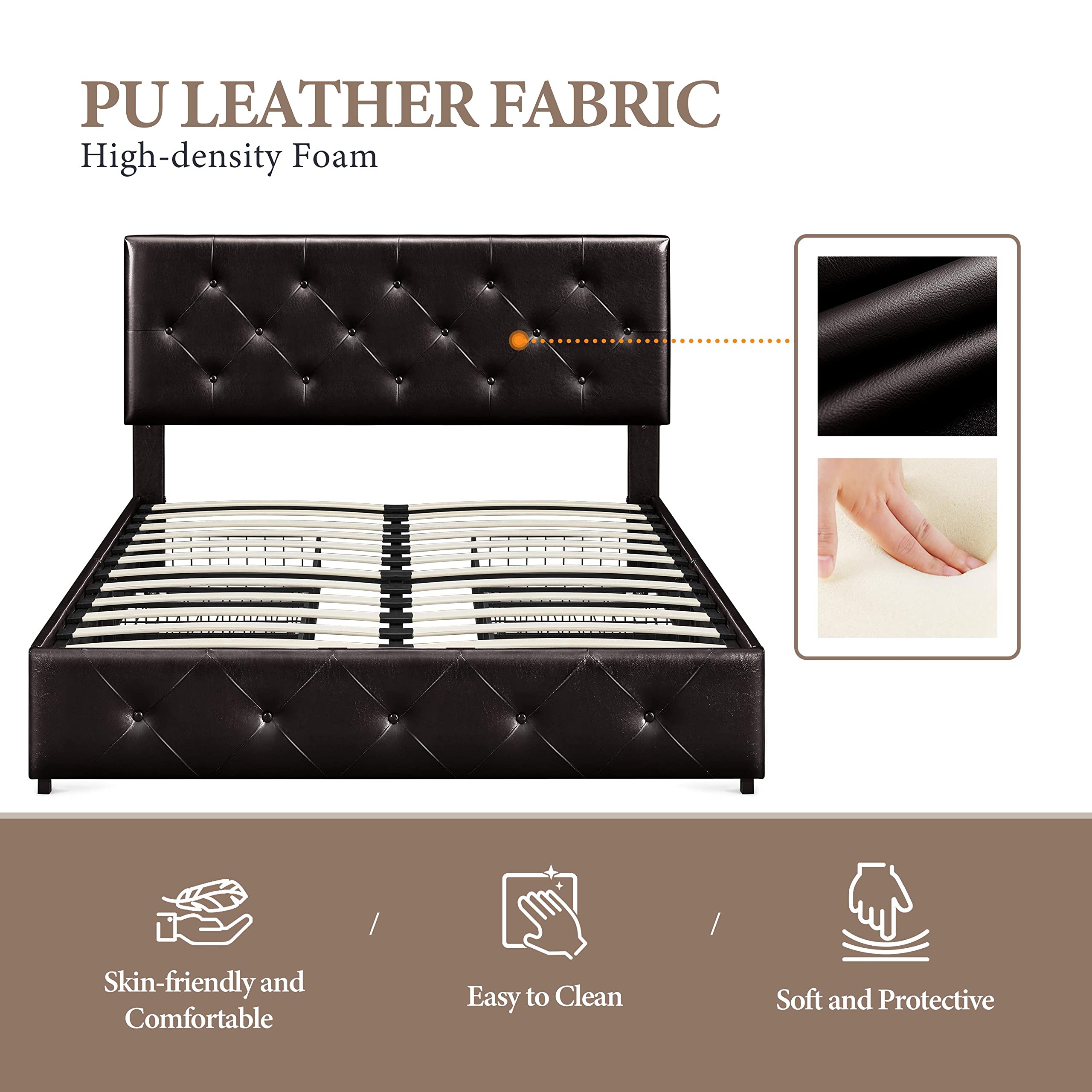Topeakmart Queen Upholstered Bed Frame with Adjustable Headboard, 4 Storage Drawers & Wood Slat Support - Tufted Faux Leather Platform Bed, No Box Spring Needed (Black Brown) - Perfect for Small Bedrooms, Guest Rooms & Space-Saving Storage Solutions
