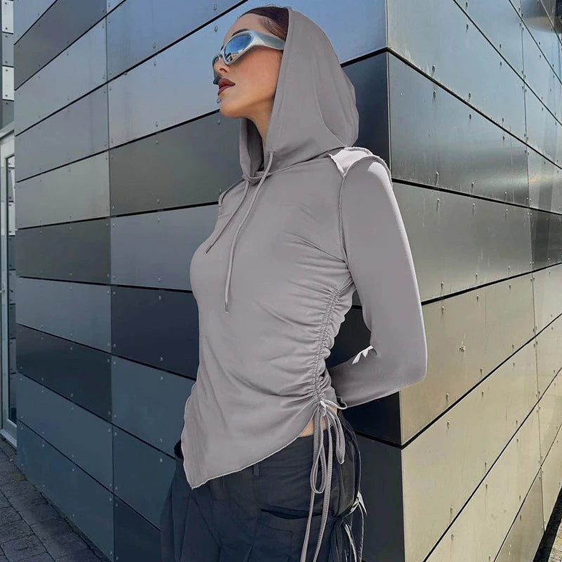 Women's Asymmetrical Stitch Hooded Long Sleeve T-Shirt - Slim Fit Drawstring Harajuku Style Pullover with Shirring Details | Perfect for Autumn Grunge Fashion, Streetwear & Casual Outfits