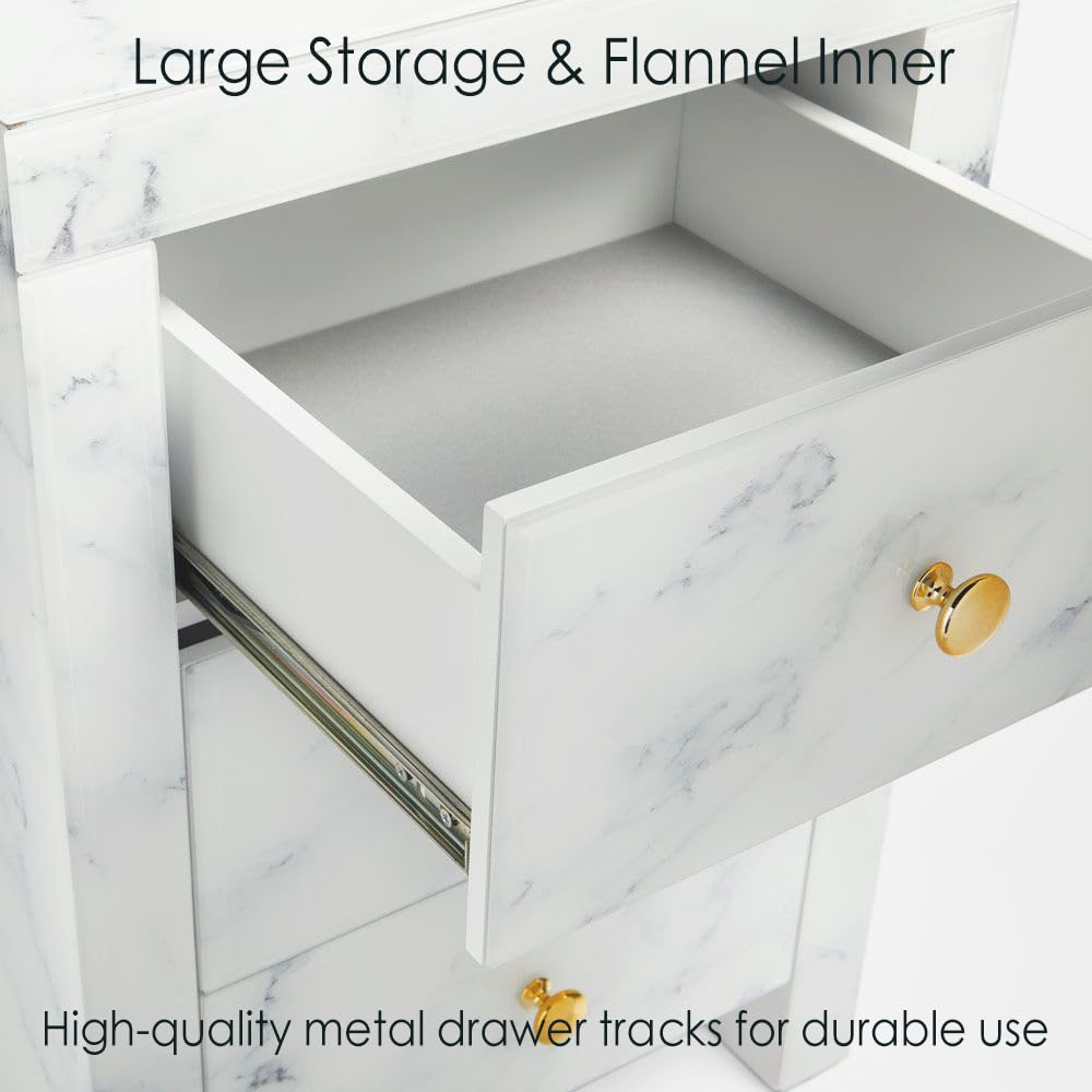 Glass Three-Drawer Nightstand - Stylish White Marble Textured Tempered Glass Bedside Table with Golden Metal Handle | Modern Bedroom Furniture for Small Spaces & Apartment Living