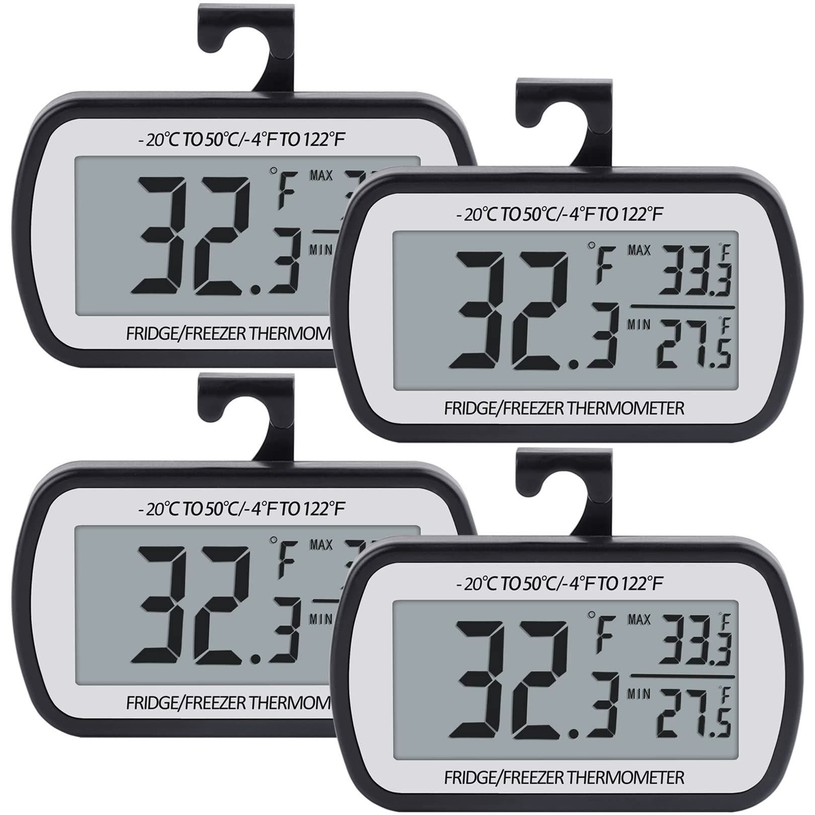 AEVETE Digital Refrigerator Freezer Thermometer - Large LCD Display, Magnetic Back, Easy to Read (4 Pack, Black) | Monitor Food Safety & Appliance Temperature for Home, Restaurant & RV Use