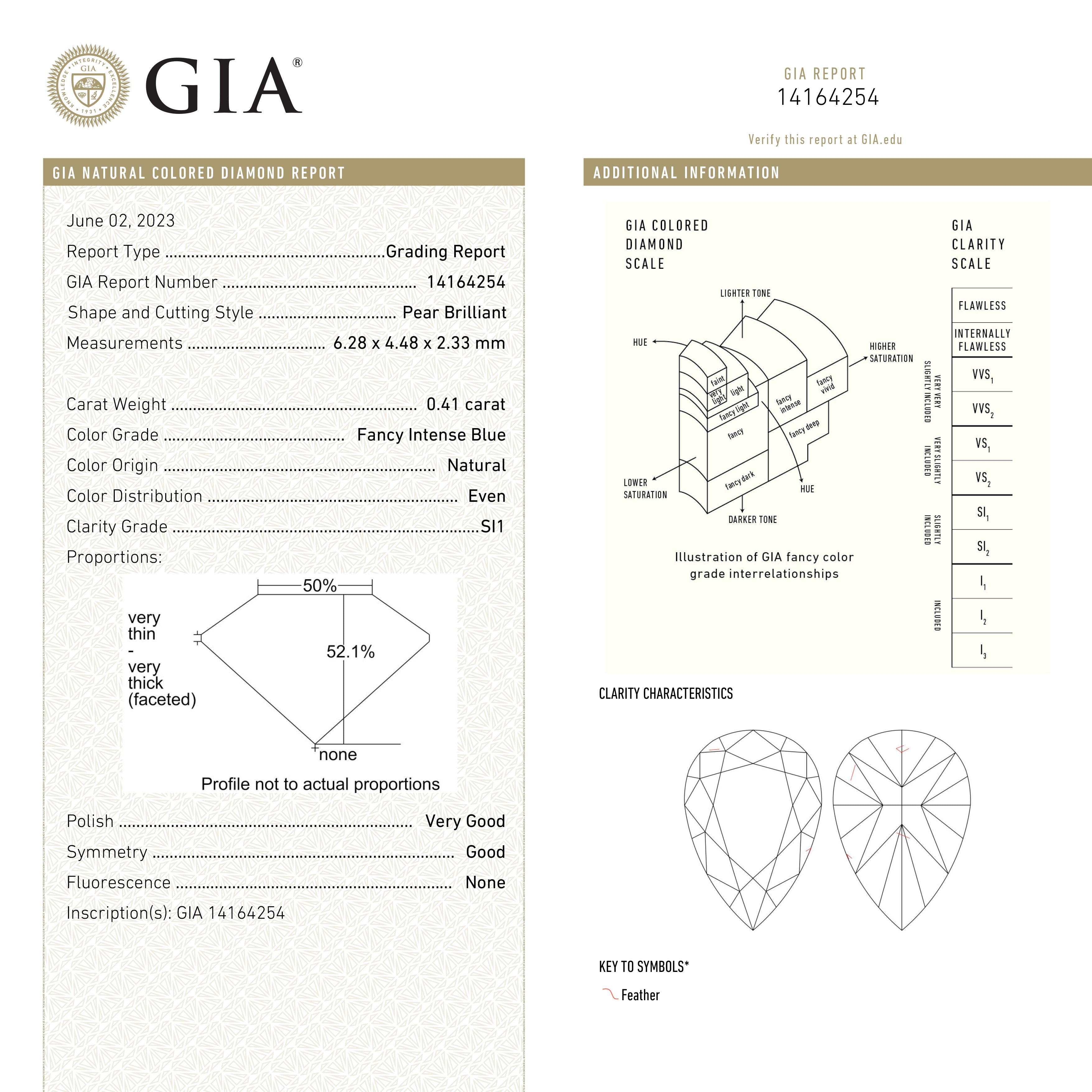 0.41ct GIA Certified Fancy Intense Blue Pear Shape Diamond (6.28x4.48x2.33mm) - SI1 Clarity Brilliant Cut for Engagement Rings & Fine Jewelry