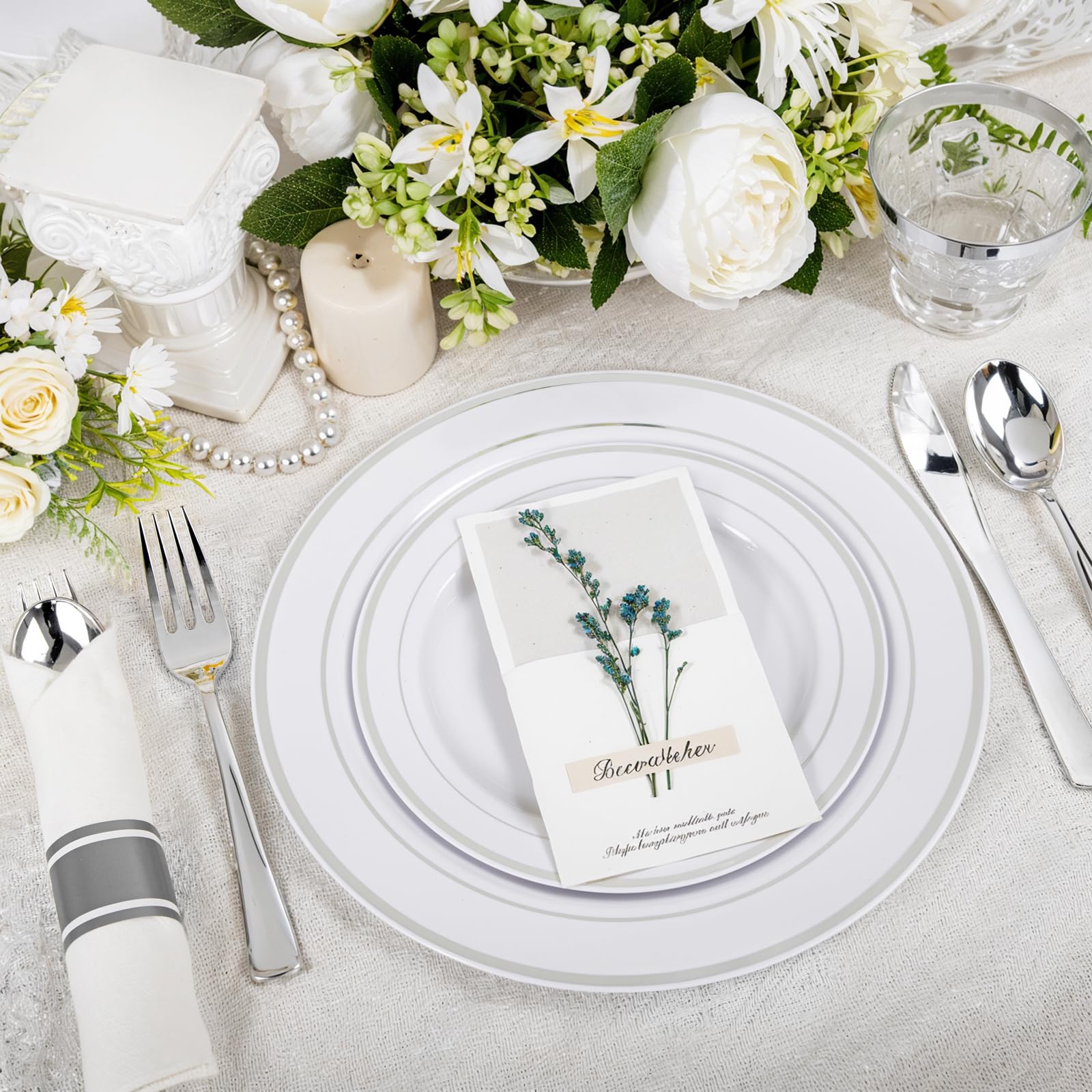 WELLIFE 350-Piece Silver Plastic Party Plates Set - Disposable Dinnerware for 50 Guests, Includes Plates, Cups & Napkins - Perfect for Birthday Parties, Weddings, BBQs & Events