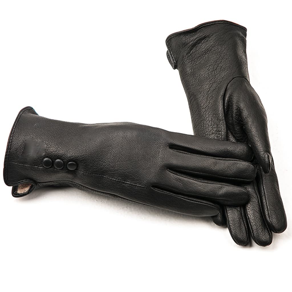Premium Women's Leather Winter Gloves - Soft & Warm Real Leather Mittens for Cold Weather - Black Buckskin Gloves for Women (Size 8.5) | Perfect for Outdoor Activities, Driving, Skiing & Fashion Accessory