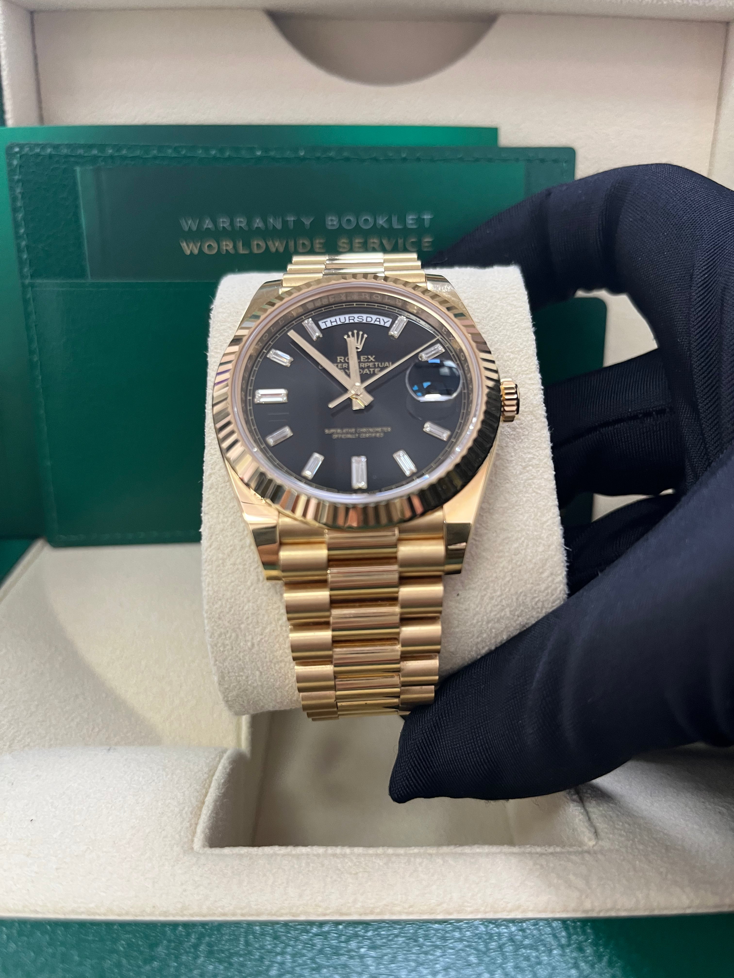 Rolex Day Date 40 18k Yellow Gold Watch with Baguette Diamond Dial & Fluted Bezel (Ref# 228238) - Luxury Timepiece for Business Meetings, Formal Events & Special Occasions