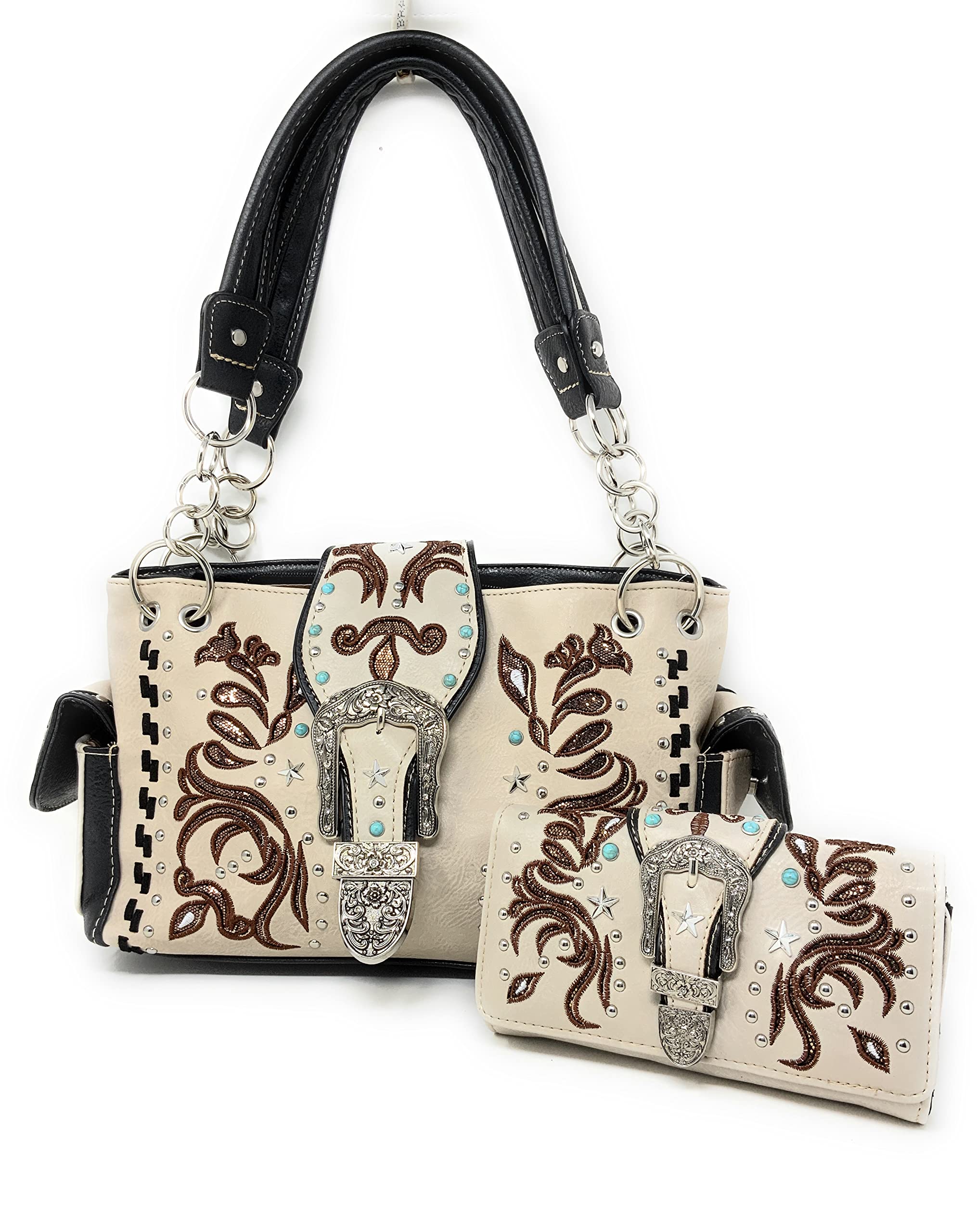 Texas Western Women's Tooled Leather Handbag with Matching Wallet - Laser Cut Cowhide Purse in 5 Colors | Western Style Crossbody Bag for Rodeo, Country Music Festivals & Everyday Use