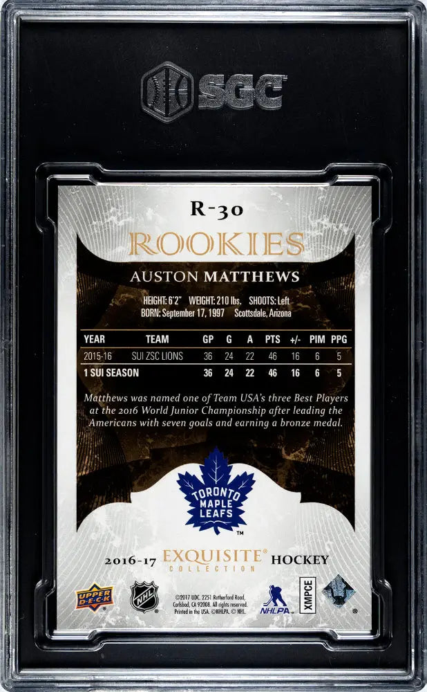 2016-17 Upper Deck Ice Auston Matthews Exquisite Collection Rookie Card SGC 8.5 /199 - Perfect for Hockey Collectors and Sports Memorabilia Enthusiasts