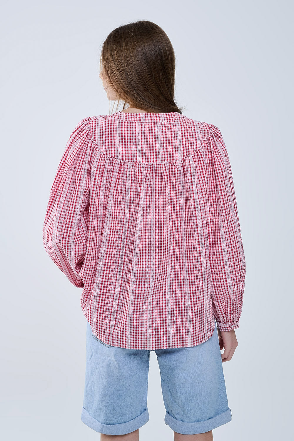Red and White Vichy Check Floral Print Sleeveless Collarless Blouse for Women - Perfect for Casual Outings, Summer Dresses & Office Wear