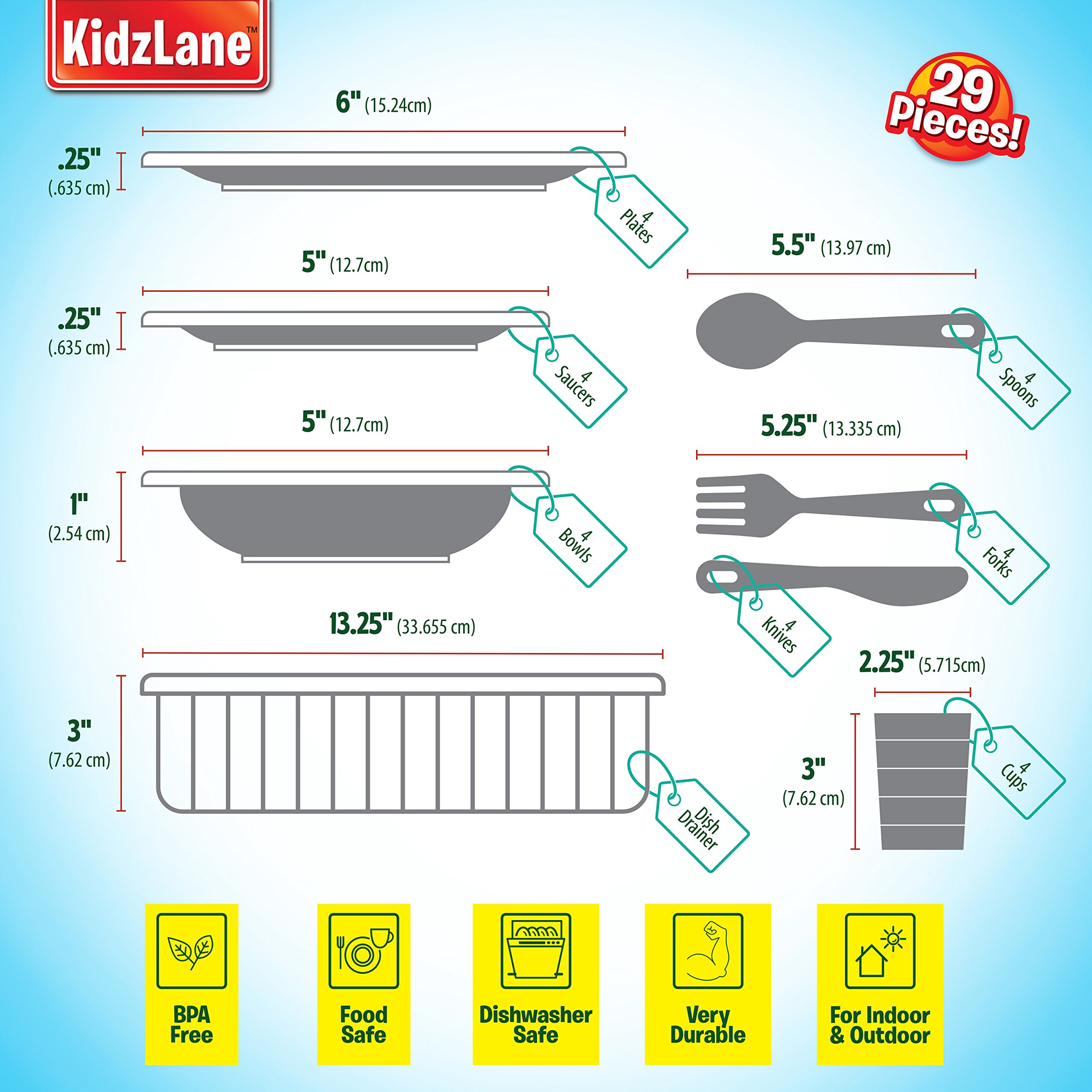 Kidzlane Kids & Toddler Play Kitchen Accessories Set - 24-Piece Dishwasher Safe Plastic Toy Dishes, Plates & Utensils - Pretend Play Kitchen Toys for Toddlers & Preschoolers - Perfect for Role Play, Birthday Gifts & Early Learning Development