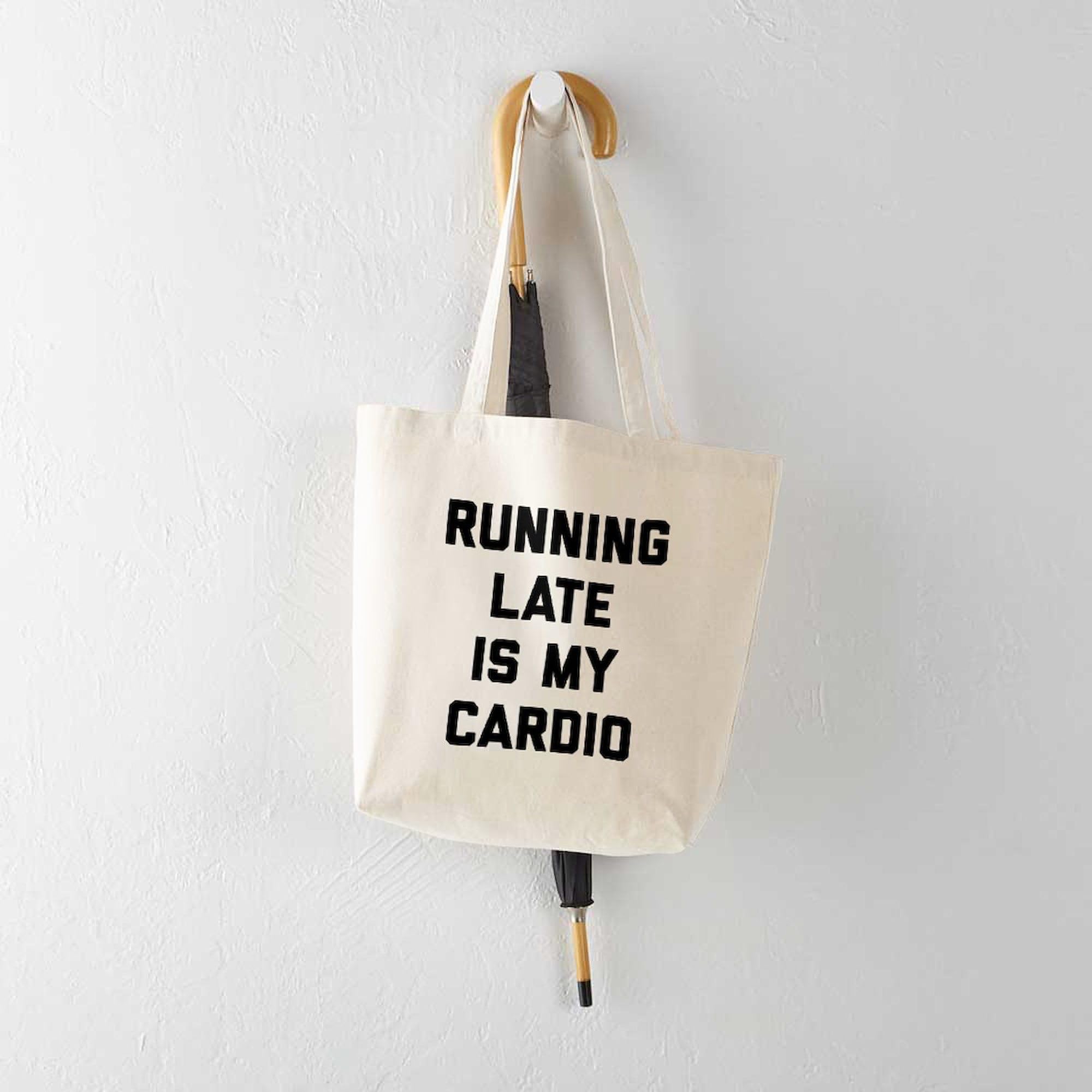 Running Late Is My Cardio Tote Bag - Natural Canvas Reusable Shopping Bag for Gym, Work & Groceries | Funny Gym Bag for Women & Men