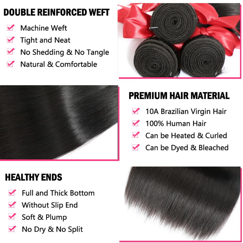10A Brazilian Straight Human Hair Bundles 100% Unprocessed Virgin Remy Hair - 3 Bundles (22/24/26 Inch) Natural Black for Weaving & Extensions | Perfect for Salon Styling, Daily Wear & Special Occasions