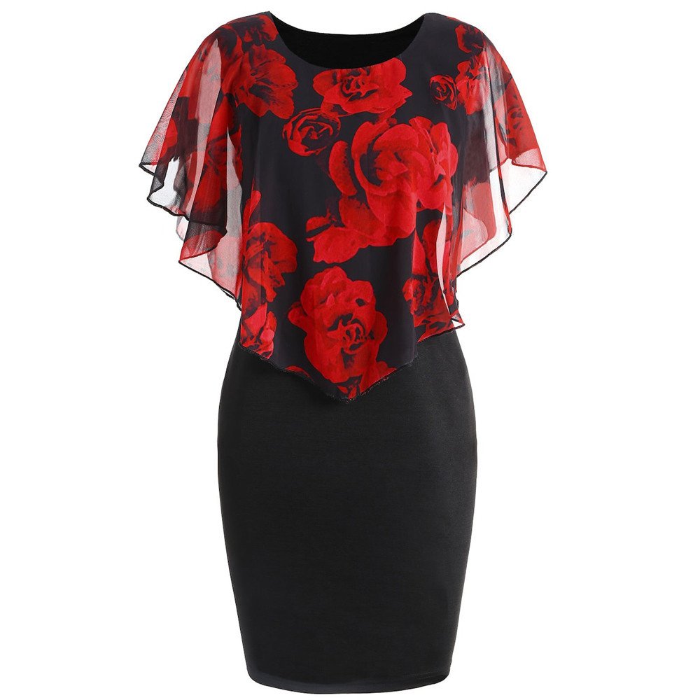 NIUQI Women's Floral Print Chiffon Bodycon Dress with Cape Sleeves - Sexy Pencil Dress for Summer, Party, Date Night & Special Occasions