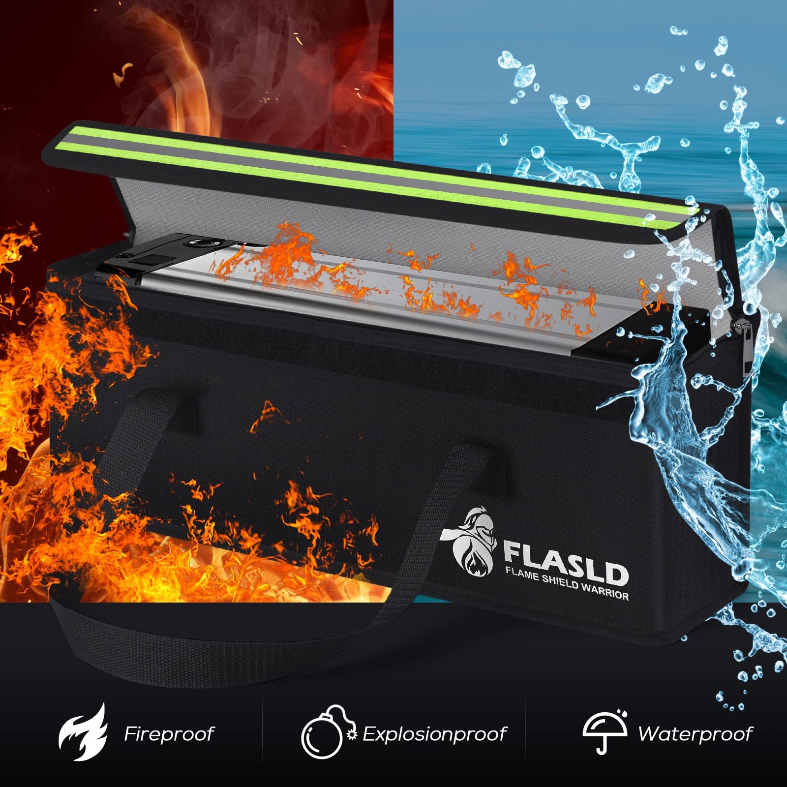 FLASLD Fireproof E-Bike Battery Charging Bag - Explosion Proof Lipo Battery Storage Case (16x4.3x5 Inch) - Safe Charging Solution for Electric Bikes, Scooters & Hoverboards - Perfect for Home, Garage & Travel Use