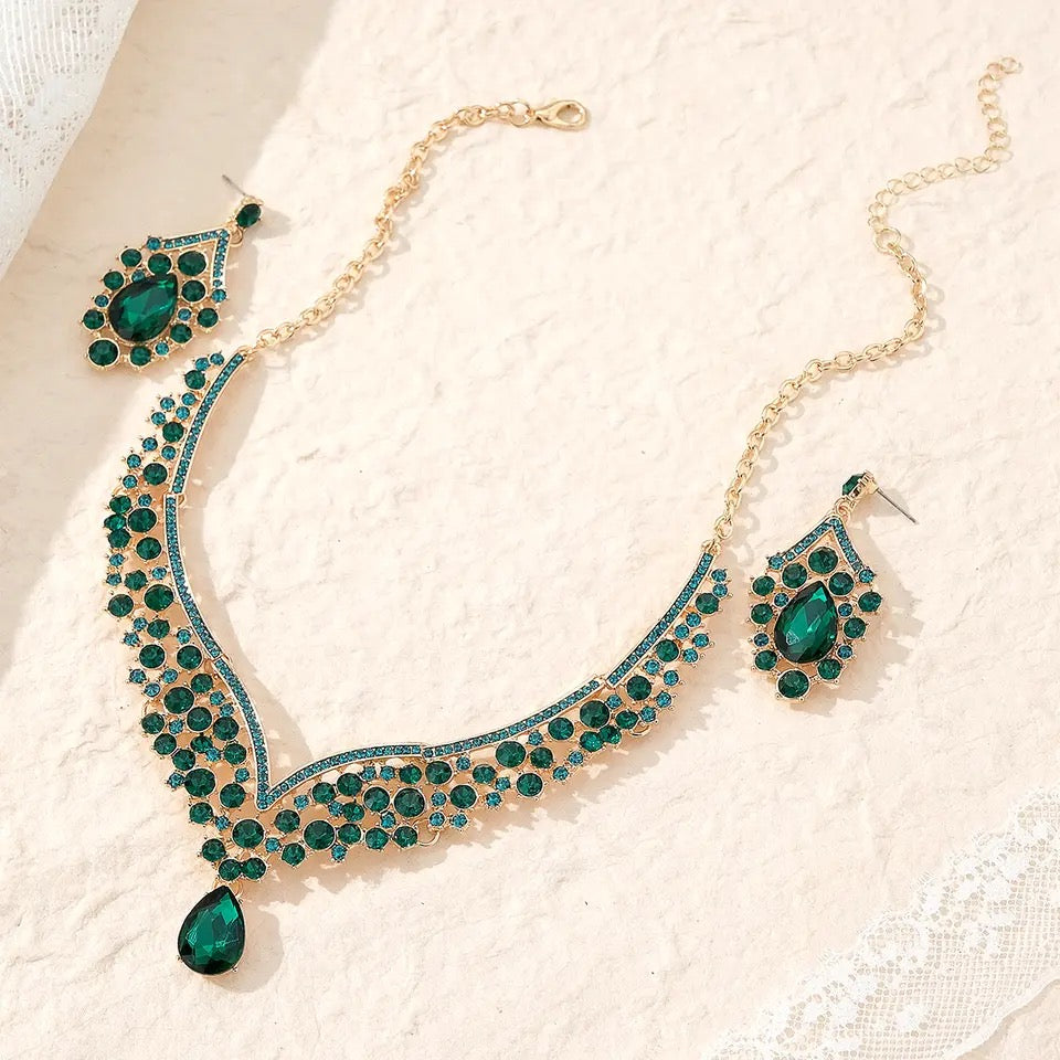 Elegant Green Water Drop Crystal Leaf Jewelry Set - Gold Necklace & Earrings for Women | Perfect for Bridal, Wedding, and Formal Occasions