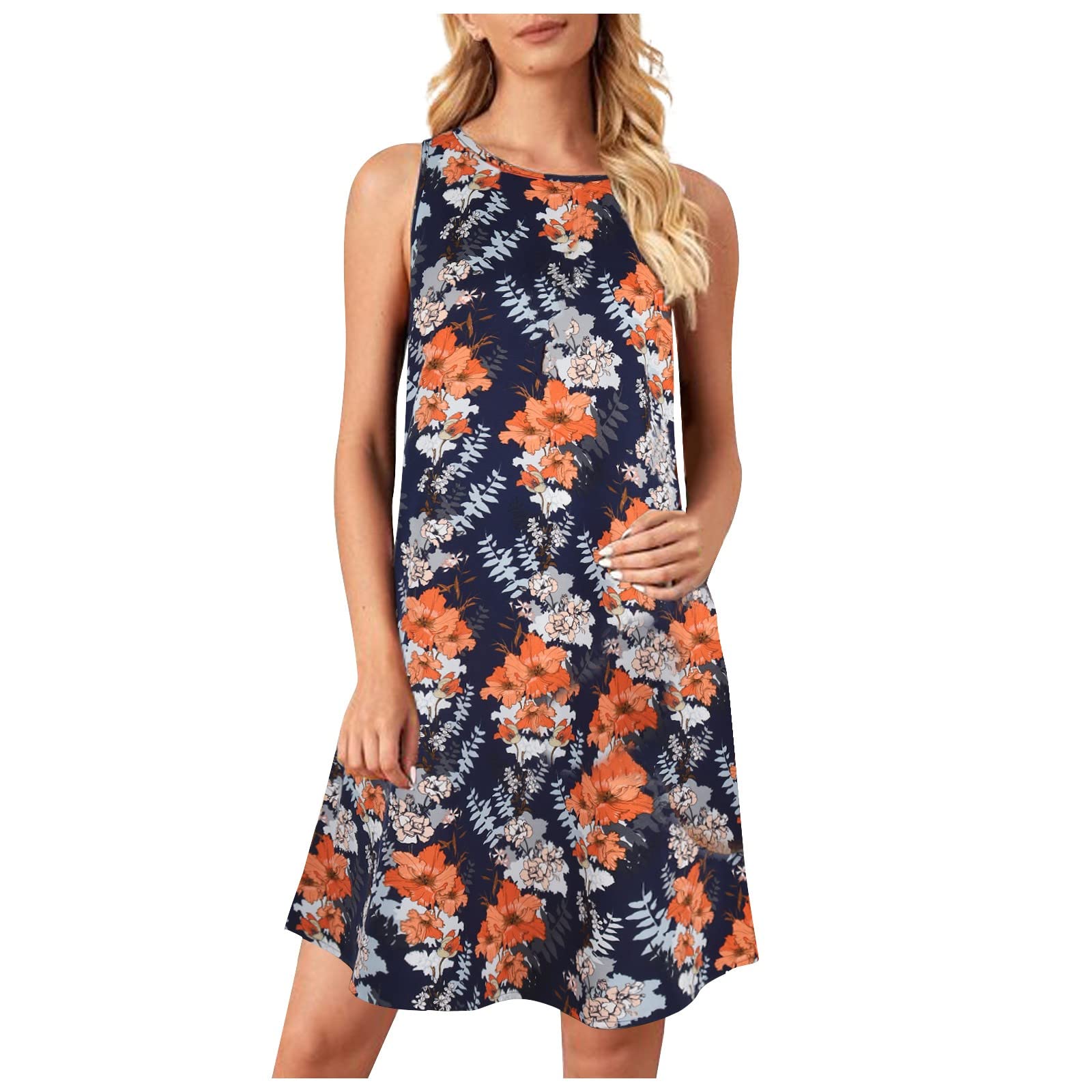 Women's Floral Print Maxi Dress - Summer Casual Sleeveless Round Neck Loose Fit Mini Dress for Beach, Vacation & Outdoor Parties