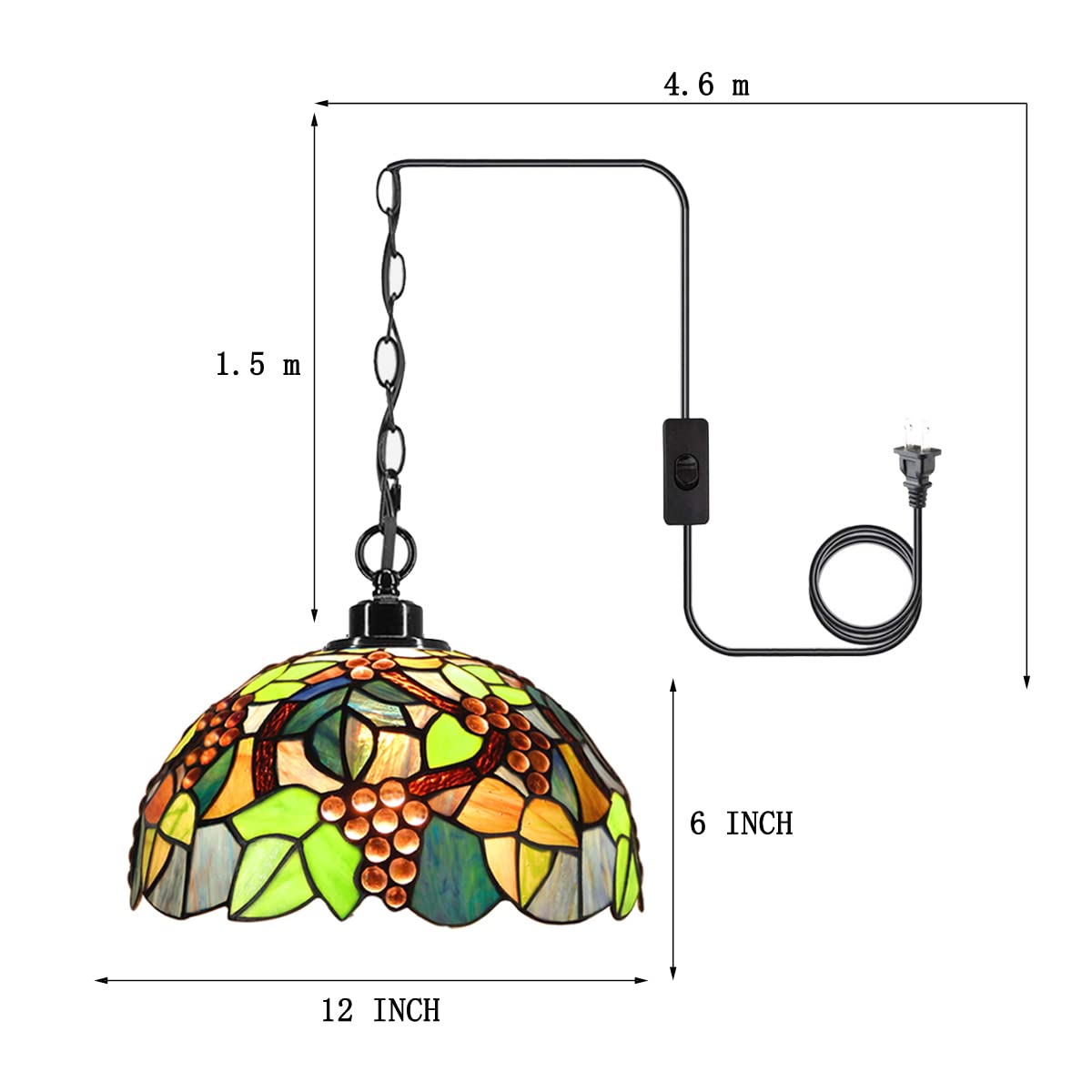 Tiffany Style Plug-in Stained Glass Swag Pendant Light - 12x12x18 Inches Hanging Lamp in Purple Grape Design | Perfect for Dining Room, Living Room, Bedroom & Kitchen Decor
