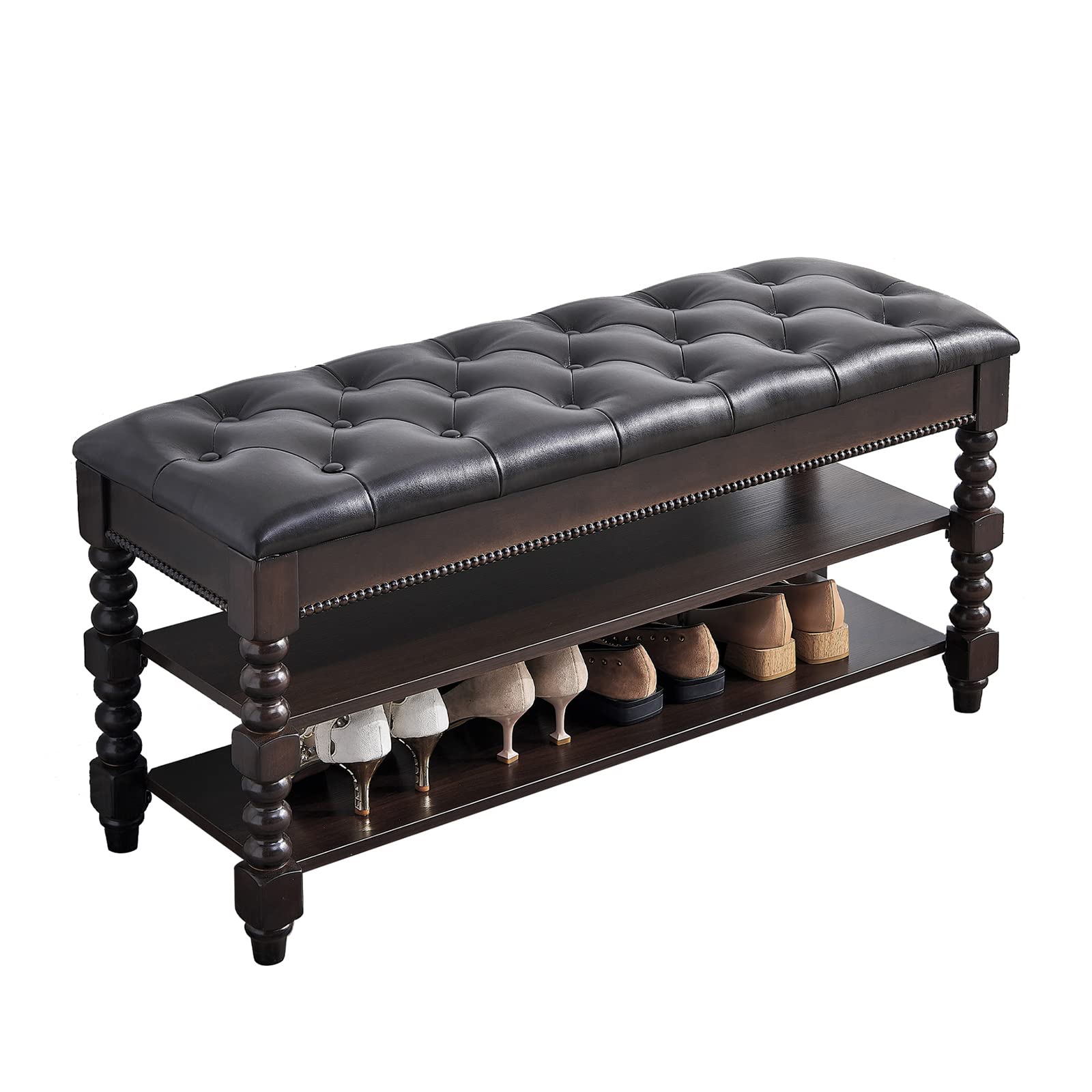 2-Tier Shoe Storage Bench with Lift-Top Organizer & Leather Seat - 39.4