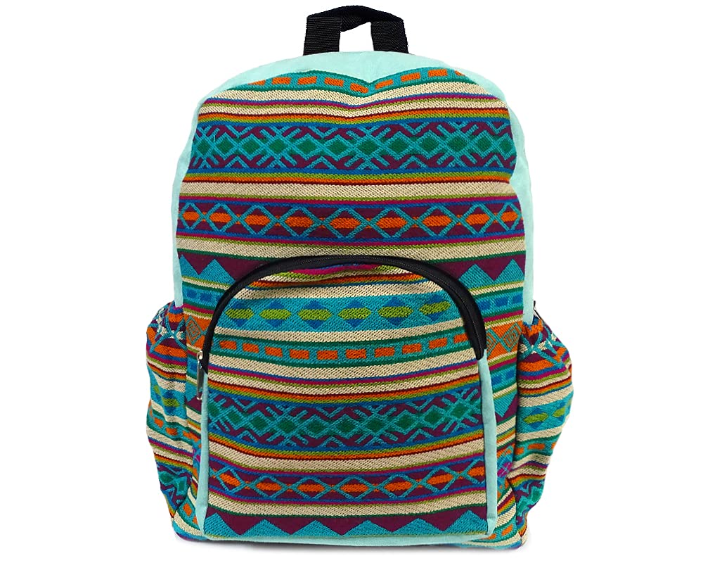Large Aztec Tribal Print Striped Backpack with Cushioned Back - Handmade Boho Bookbag for School & Travel | Water Bottle Holder | Mint Turquoise Multi Color | Perfect for College, Hiking & Festival Use