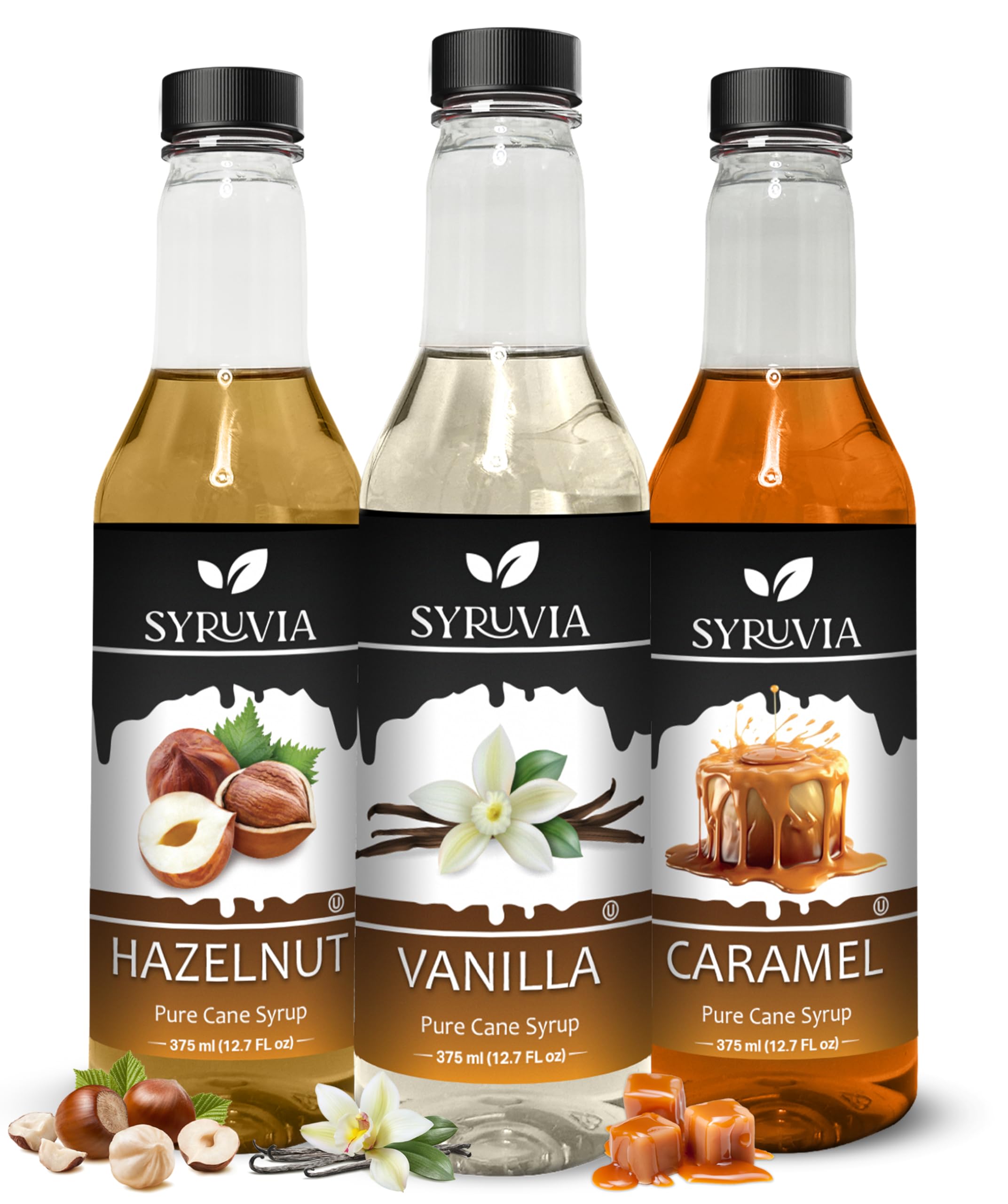 Syruvia Coffee Syrup Variety Pack - 12.7 fl oz Vanilla, Hazelnut & Caramel Flavors for Lattes, Iced Coffee & Cocktails | Barista-Grade Sweetener for Home & Cafe Use