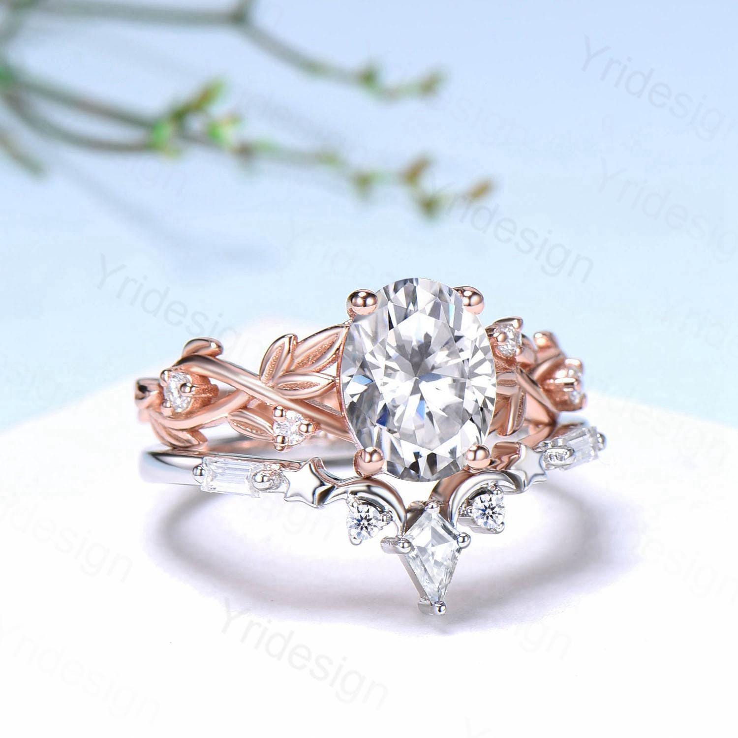 1.5CT Oval Moissanite Engagement Ring Set - Nature Inspired Wedding Band with Moon & Star Design, Stackable Matching Anniversary Gift for Her, Perfect for Proposals, Weddings & Special Occasions
