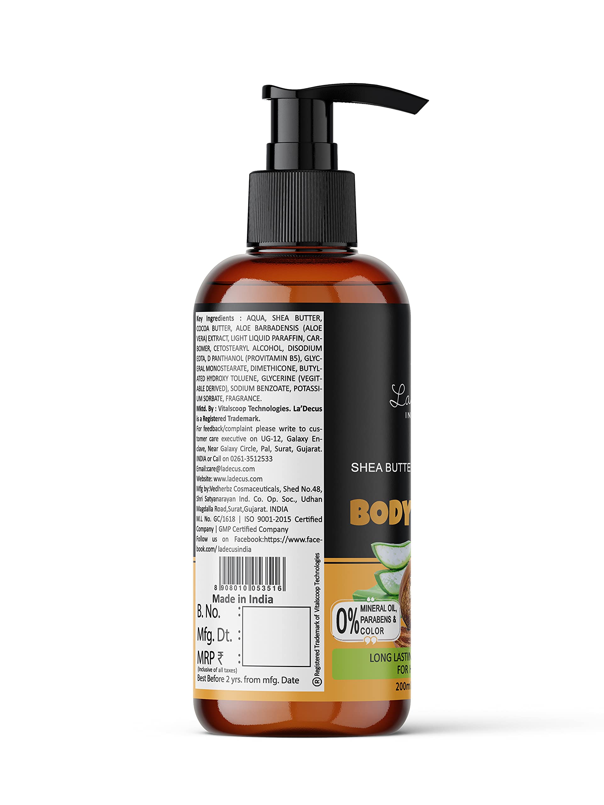La' Decus INDIA Moisturizing Body Lotion with Shea Butter & Cocoa Butter - Deep Hydration for Dry Skin | Paraben-Free, Silicone-Free, Mineral Oil-Free | 200ml | Perfect for Daily Skincare & After-Shower Moisturizing