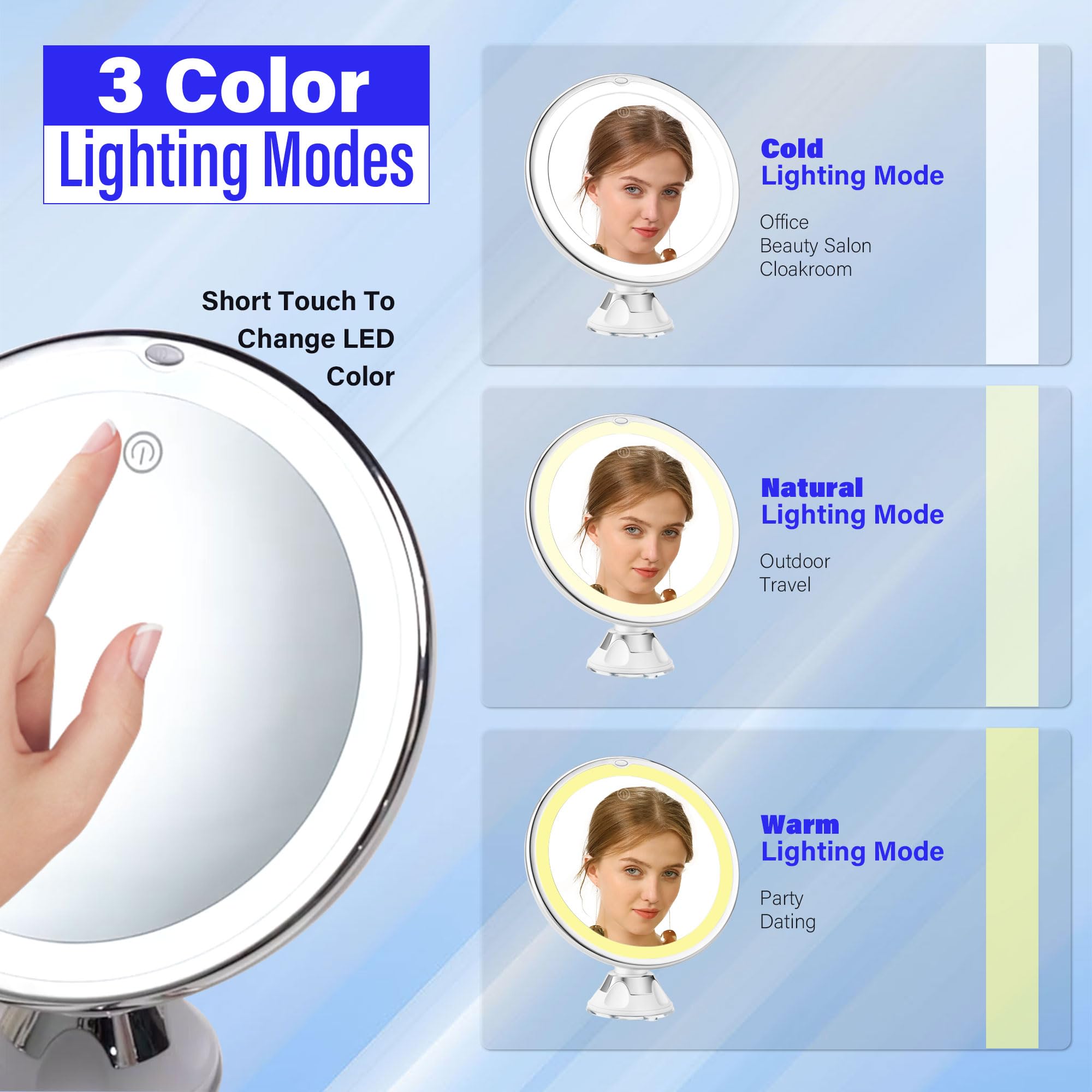10x Magnifying Lighted Makeup Mirror with LED Lights, Suction Cups & 360° Swivel - Touch Control, 3 Light Modes - Perfect for Home, Bathroom Vanity, Travel & Professional Makeup Application