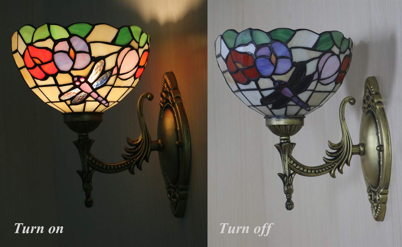 Handcrafted Tiffany Style Wall Sconce with UL Plug-in Cord - Antique Louis Comfort Tiffany Inspired Stained Glass Shade Light Fixture for Living Room, Bedroom & Hallway Decor