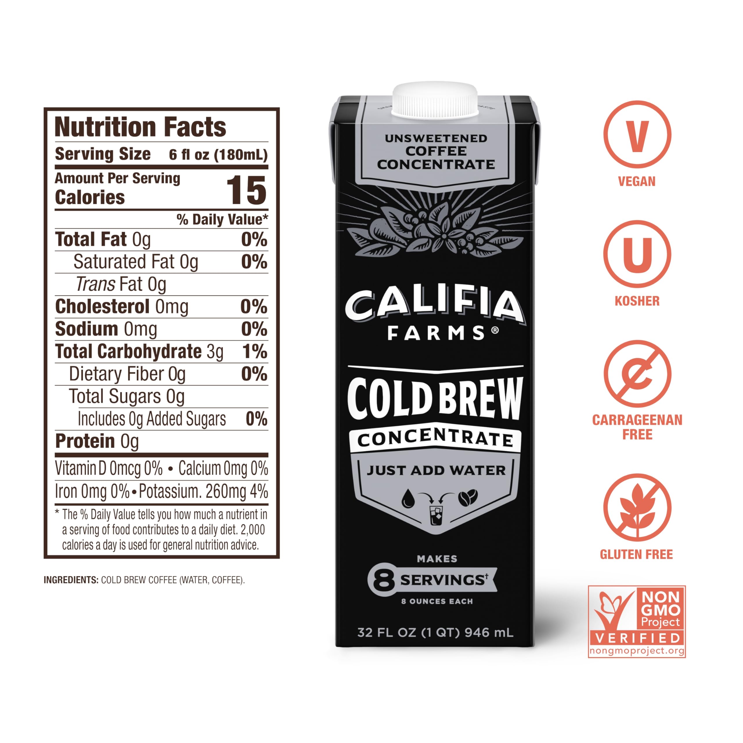 Califia Farms Unsweetened Cold Brew Coffee Concentrate 32 Oz - 100% Arabica, Shelf Stable, Vegan, Gluten Free, Non-GMO, Sugar Free | Perfect for Iced Coffee, Smoothies & Baking at Home or Office