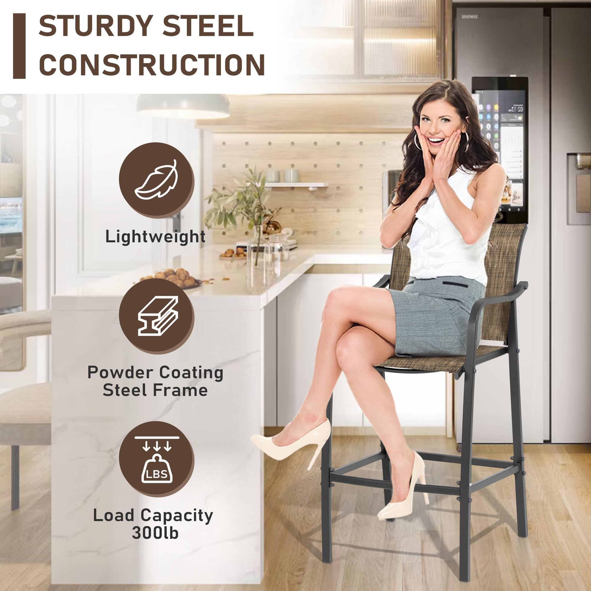 2-Pack Outdoor Metal Bar Stools - Counter Height Steel Patio Chairs with Textilene Seat, Armrest & Footrest - Lightweight Brown Bar Stools for Backyard, Deck, Poolside & Garden Use