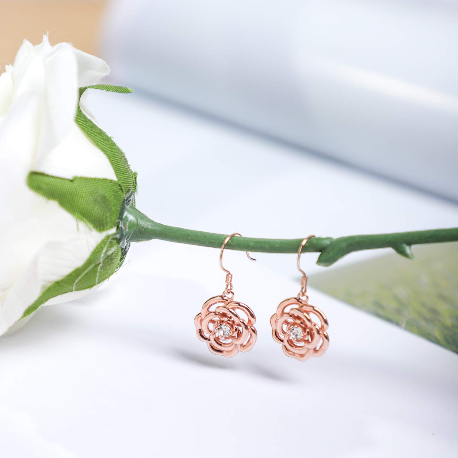 Hypoallergenic Sterling Silver Rose Flower Earrings with Austrian Crystals | Rose Gold Plated Dangle Drop Earrings for Women | Anniversary & Birthday Jewelry Gift | Perfect for Weddings, Date Nights & Special Occasions