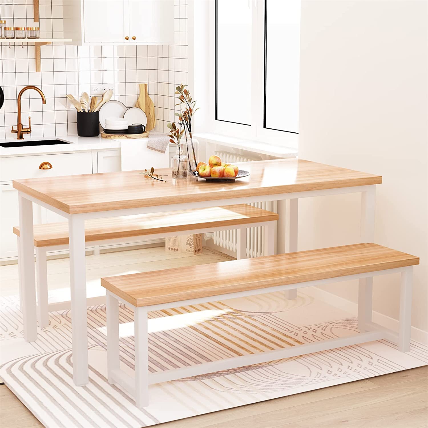 Farmhouse Dining Table Set with 2 Benches - Solid Wood Kitchen Table and Chairs for 4-6 People, Beige Breakfast Nook Set for Small Spaces | Perfect for Family Meals, Entertaining Guests & Cozy Kitchen Dining