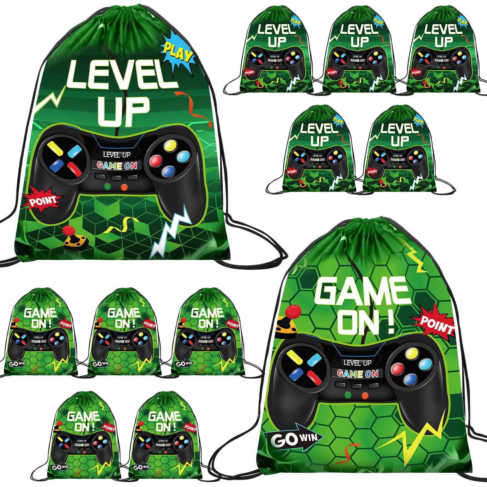 Eccliy 10-Pack Green Video Game Drawstring Favor Bags 17x13 Inch - Perfect for Gaming Parties, Birthday Goodie Bags & Loot Bags