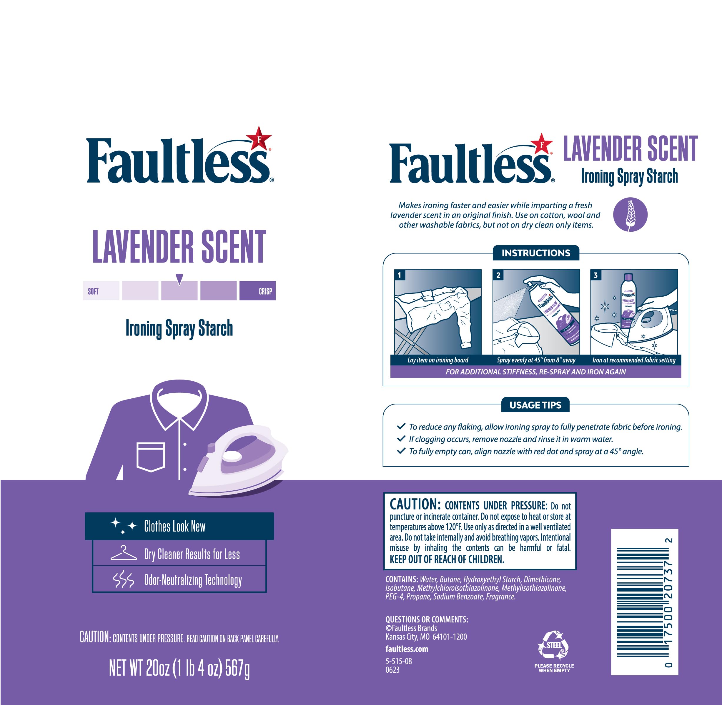 Faultless Lavender Spray Starch 20oz (Pack of 4) - No Residue Ironing Aid for Smooth Clothes & Fabrics | Perfect for Crisp Dress Shirts, Table Linens & Formal Wear