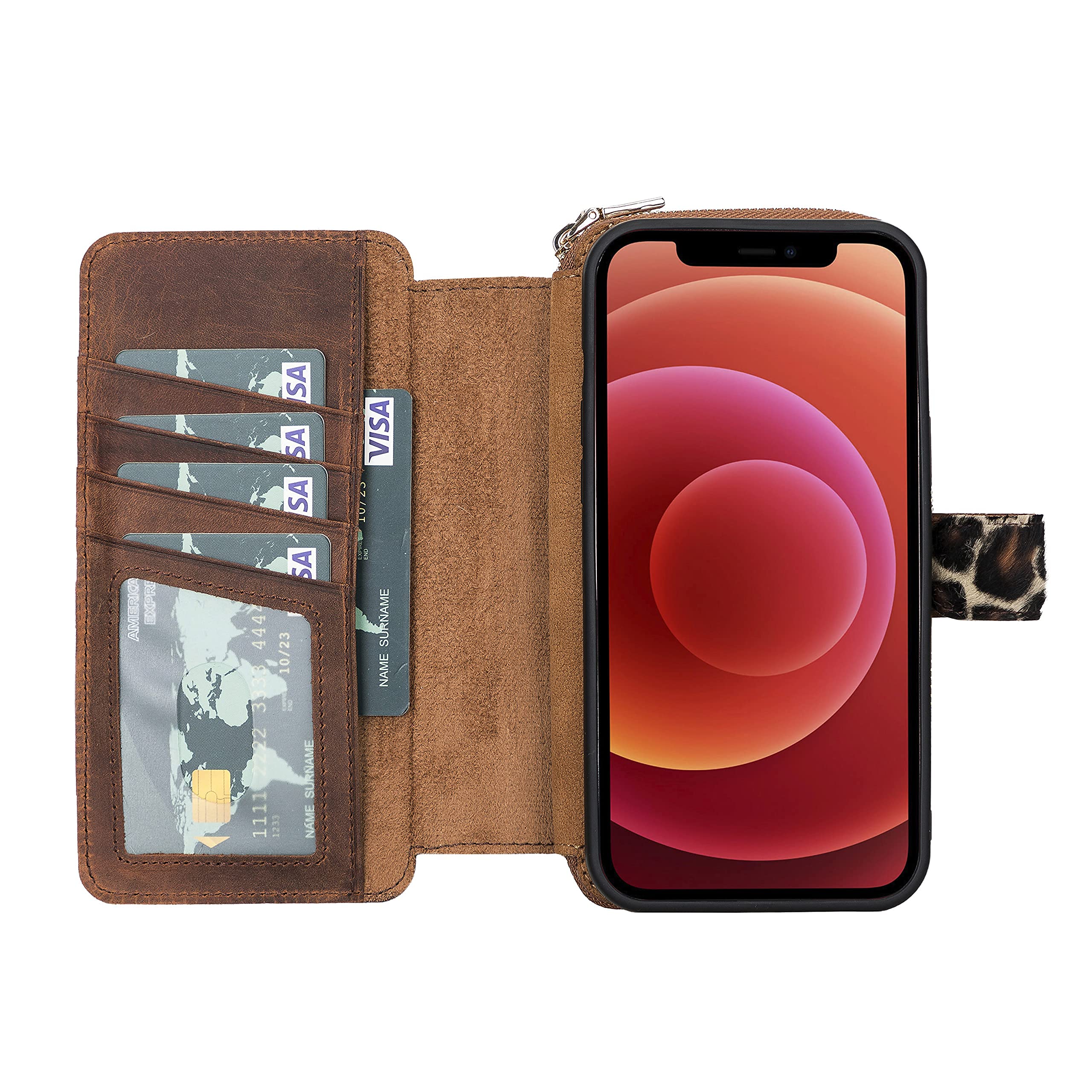 Premium Full Grain Leather iPhone 12 Pro Max Wallet Case with Magnetic Detachable Card Holder & Zipper Closure - Stylish Leopard Print Protective Phone Cover for Women & Men | Perfect for Travel, Work & Everyday Use
