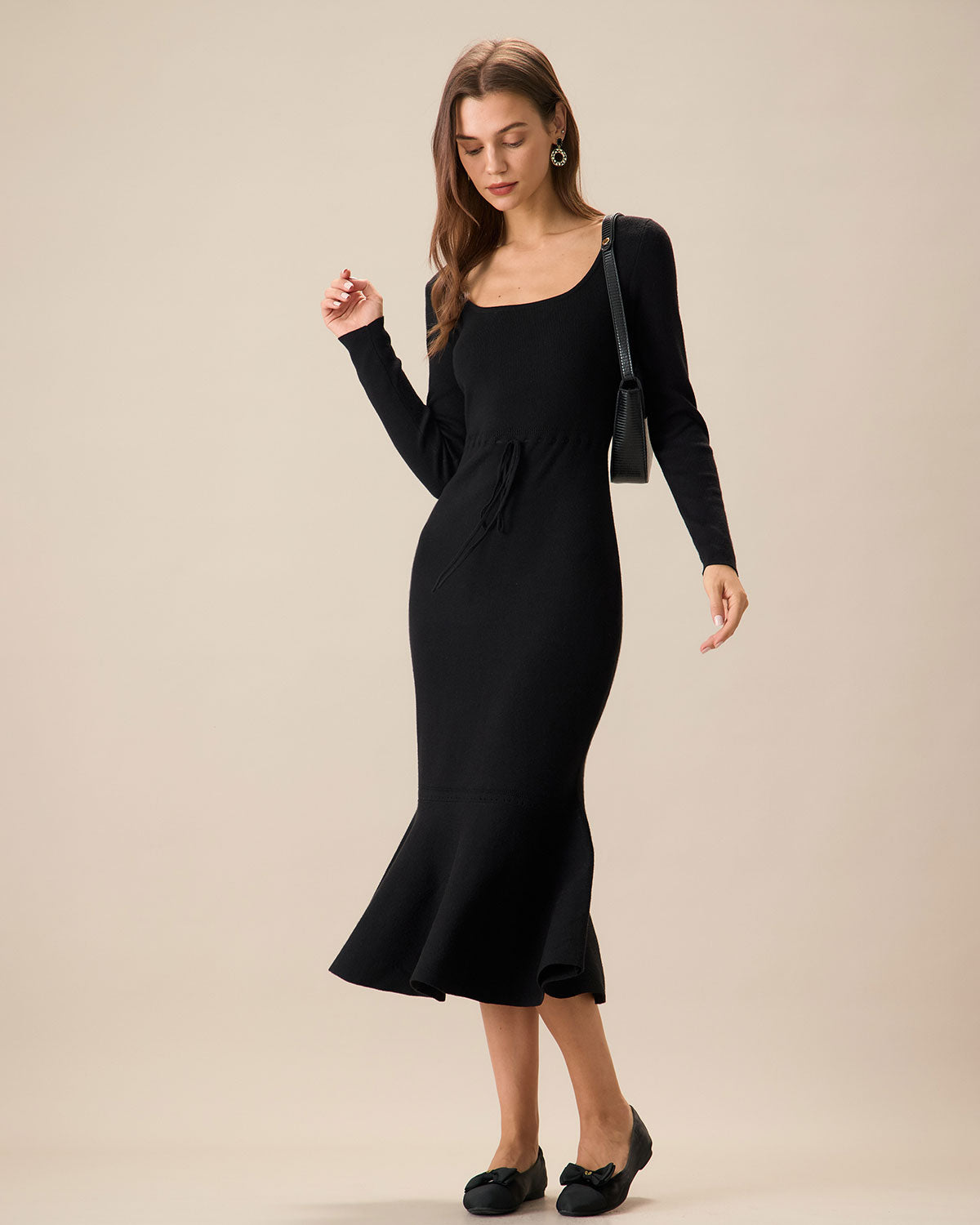 Elegant Black Square Neck Mermaid Sweater Maxi Dress for Women - Perfect for Evening Parties, Date Nights & Special Occasions
