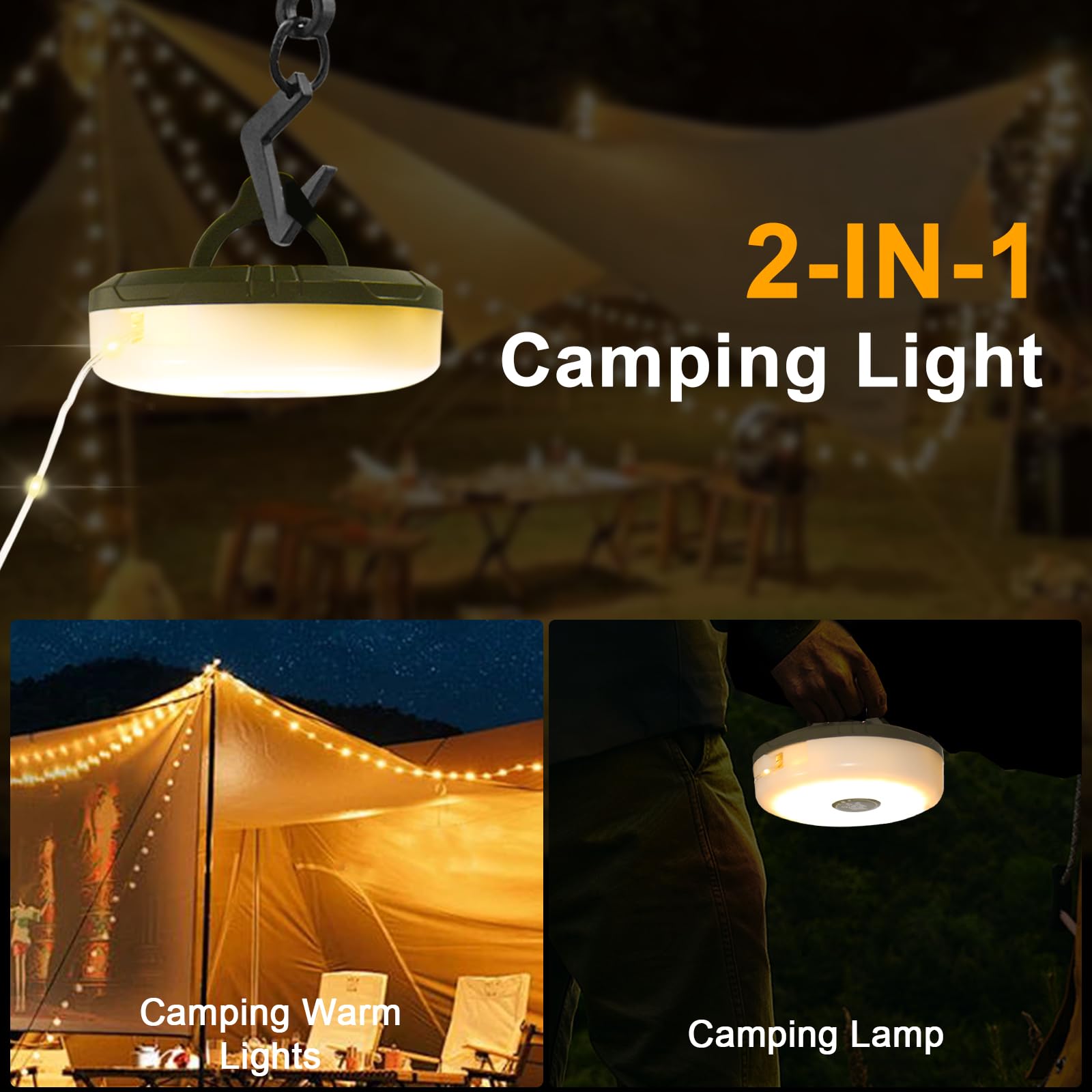 33ft Waterproof Outdoor String Lights - USB Rechargeable RGB & Warm White LED Camping Lights for Tents, Hiking, Backyard, Patio & Travel | IP44 Rated, Quick Storage Portable Lantern