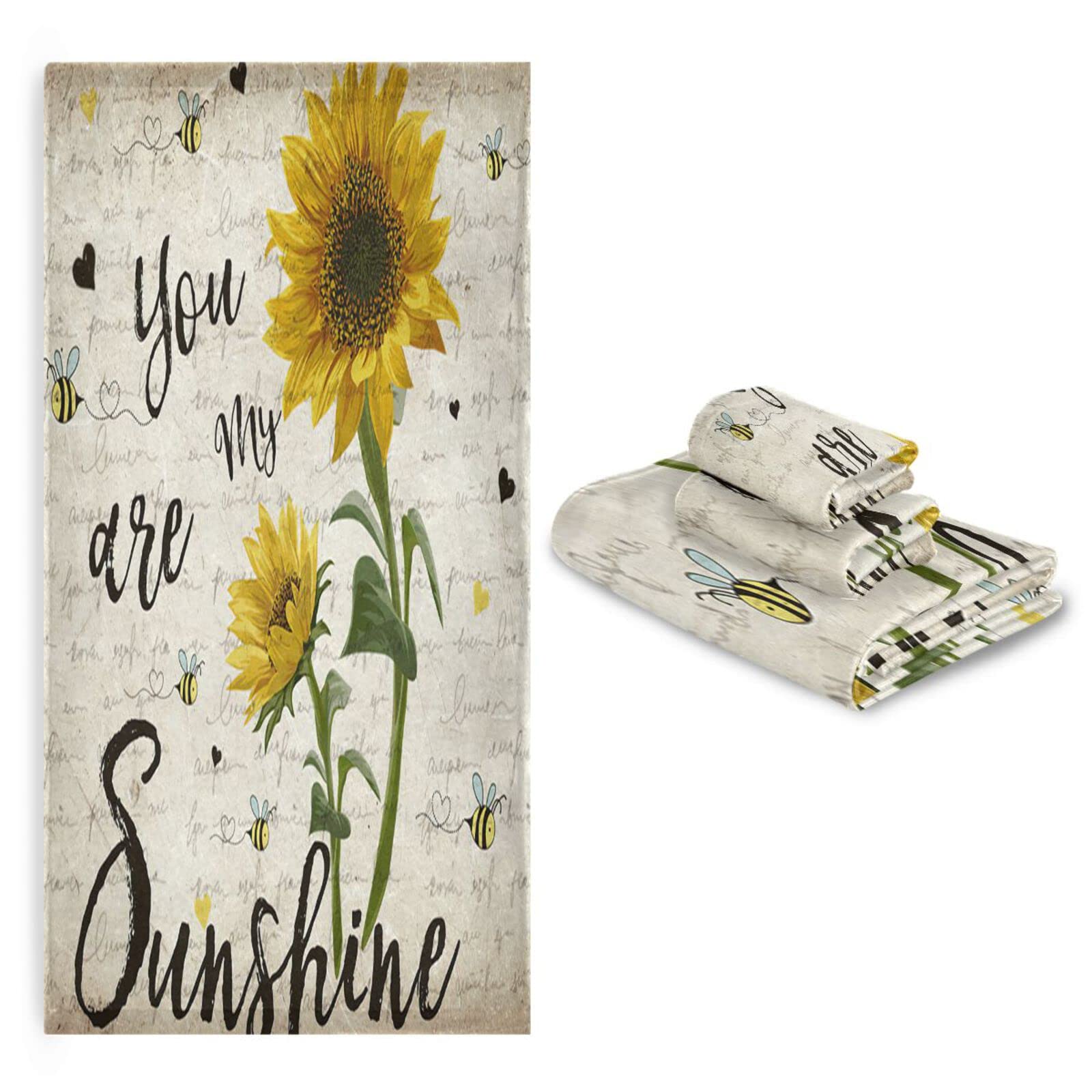 You Are My Sunshine Yellow Sunflower Honey Bees Retro Newspaper Soft Absorbent 3-Piece Bath Towel Set - 1 Bath Towel, 1 Hand Towel, 1 Washcloth - Perfect for Spa, Gym & Farmhouse Bathroom Decor