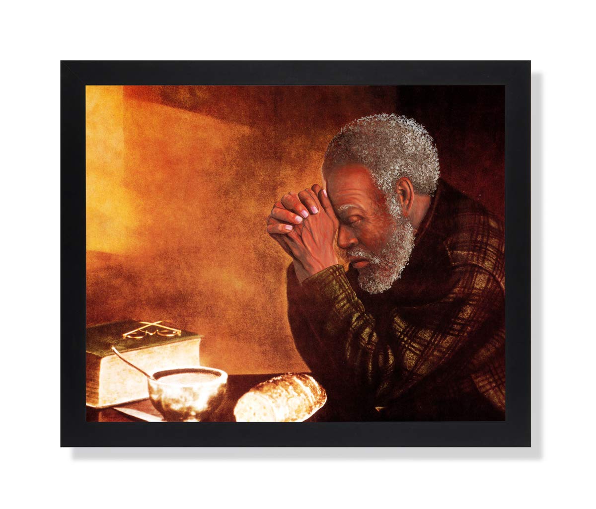 African American Black Man Praying at Dinner Table - Religious Wall Art Print in Black Frame - Inspirational Christian Home Decor for Living Room, Bedroom & Office